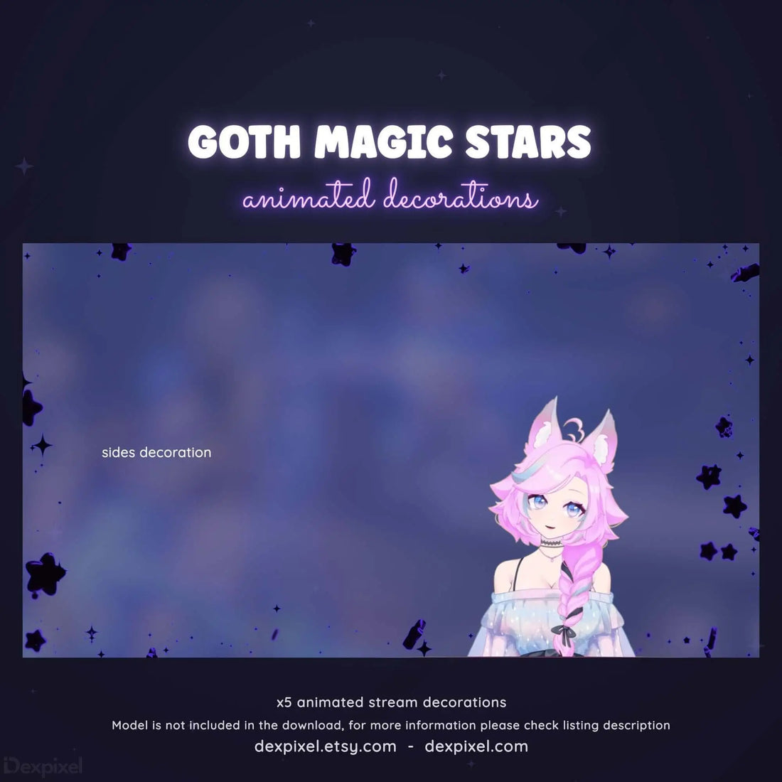 Animated pink-haired anime character with cat ears against a starry overlay design.