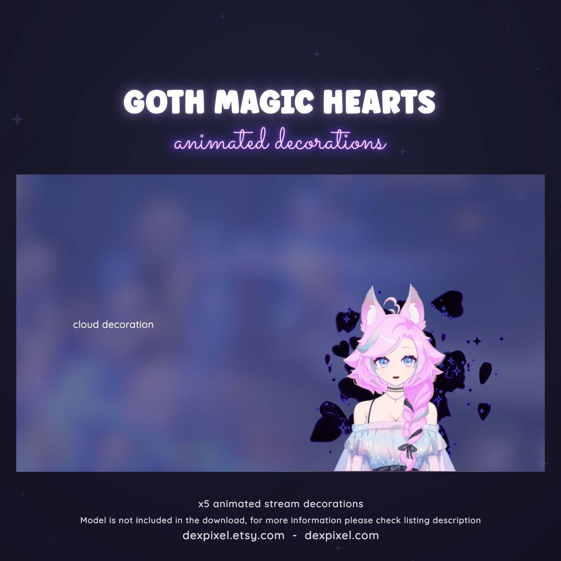 Goth Magic Hearts animated decoration showcasing a cute character and cloud design for stream enhancements.