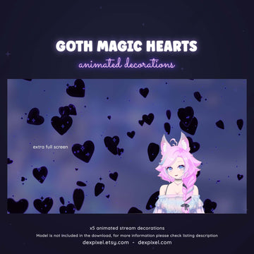 Goth Magic Hearts animated stream decorations with floating purple hearts and a cute character illustration.