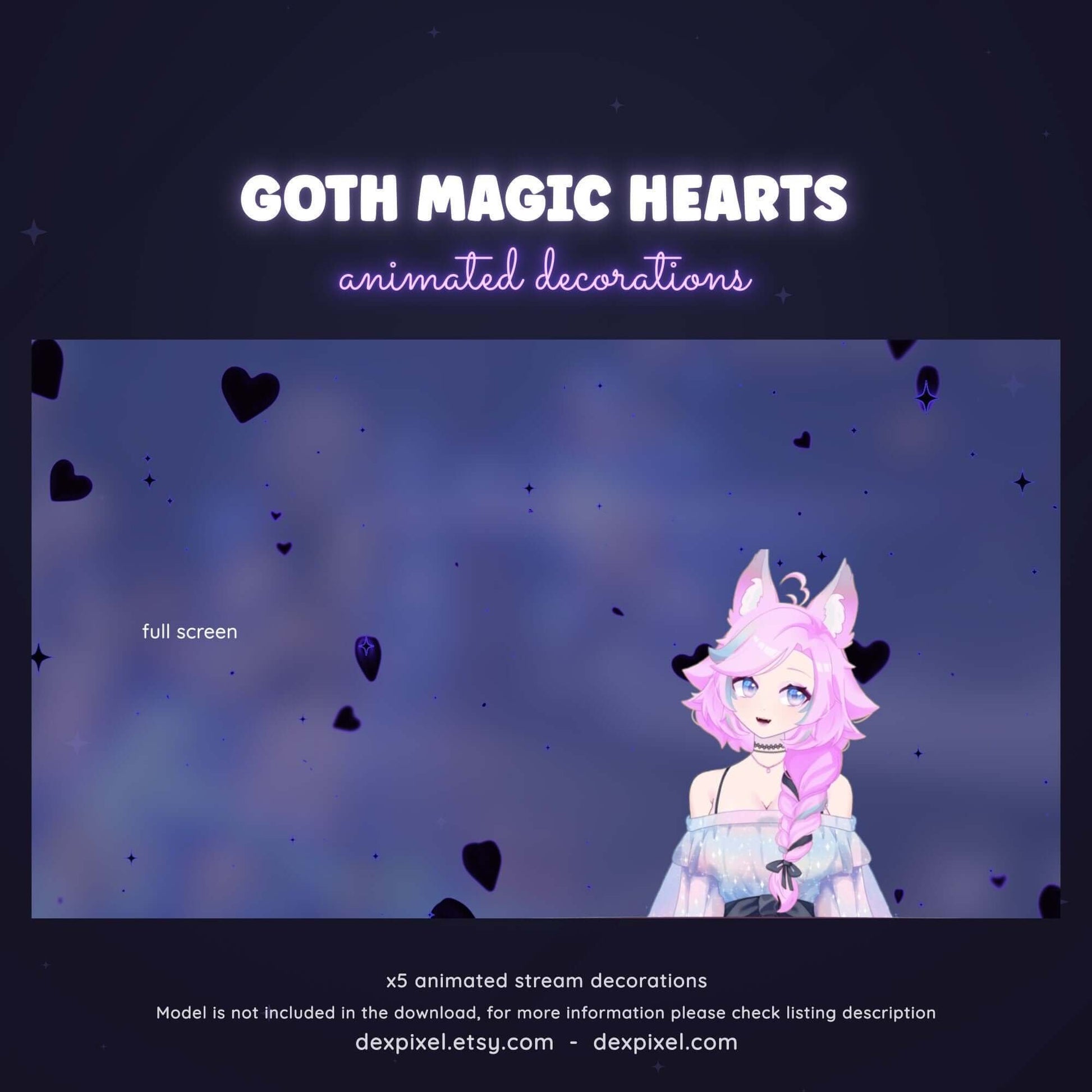 Animated Goth Purple Hearts Stream Decoration showcasing floating hearts and a cute character, perfect for streamers.