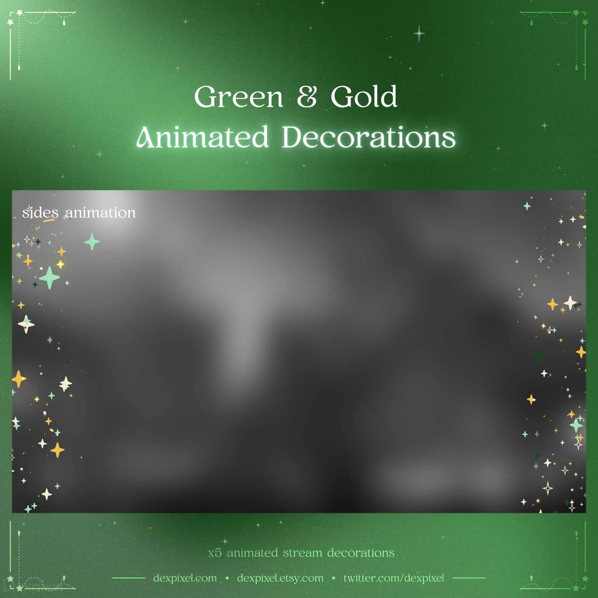 Green and Gold Animated Stream Decorations featuring elegant star designs for Twitch and VTuber creators.