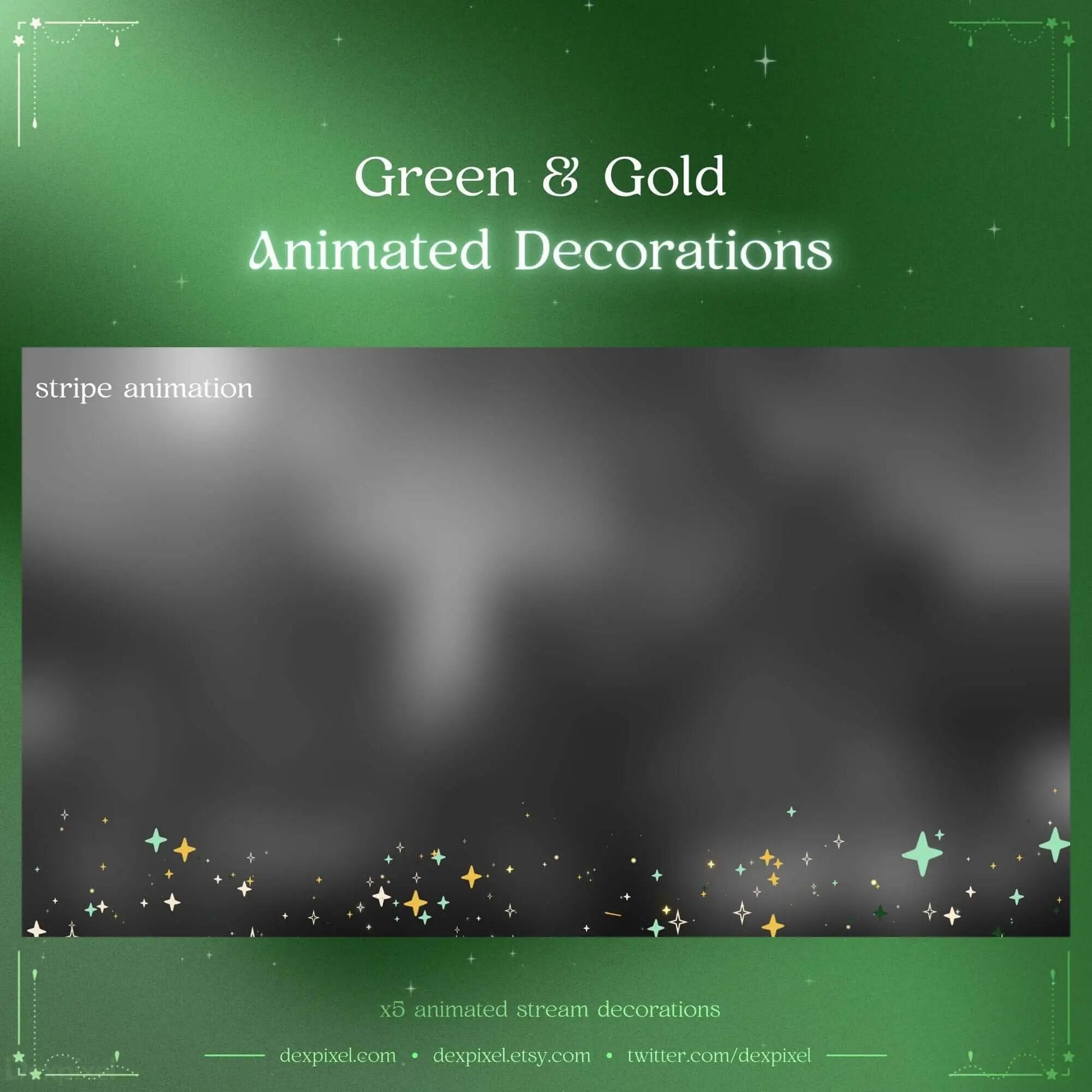 Green and Gold Stars Animated Stream Decorations for Twitch and VTuber streams, featuring celestial designs.