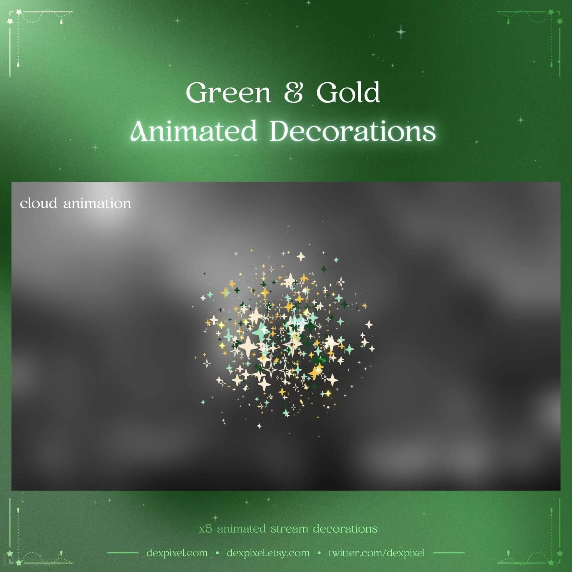 Green and gold animated star decorations for Twitch and VTuber streams, adding celestial elegance to your content.