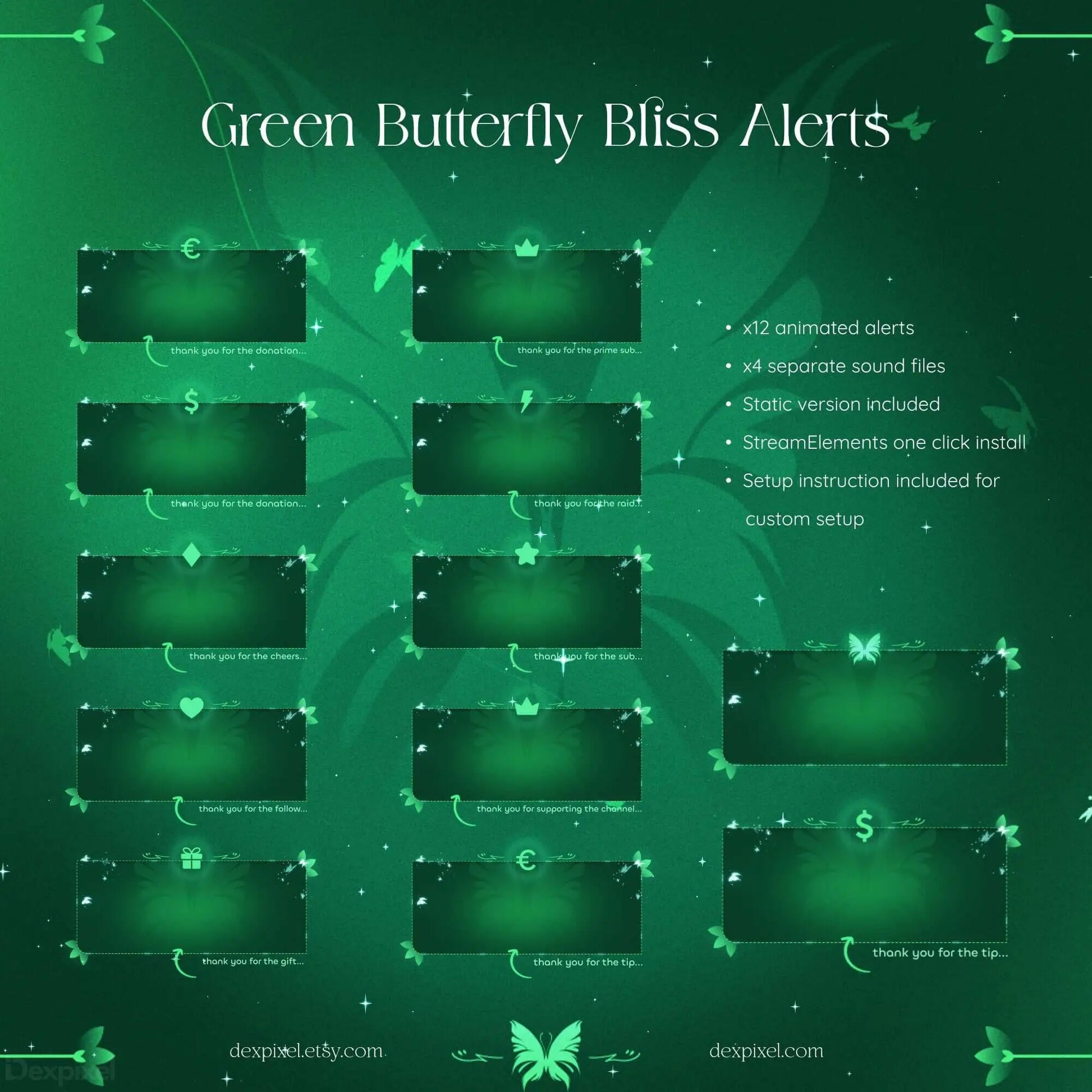 Green Butterfly Bliss Alerts pack featuring 12 animated alerts and 4 sound files for stream customization.