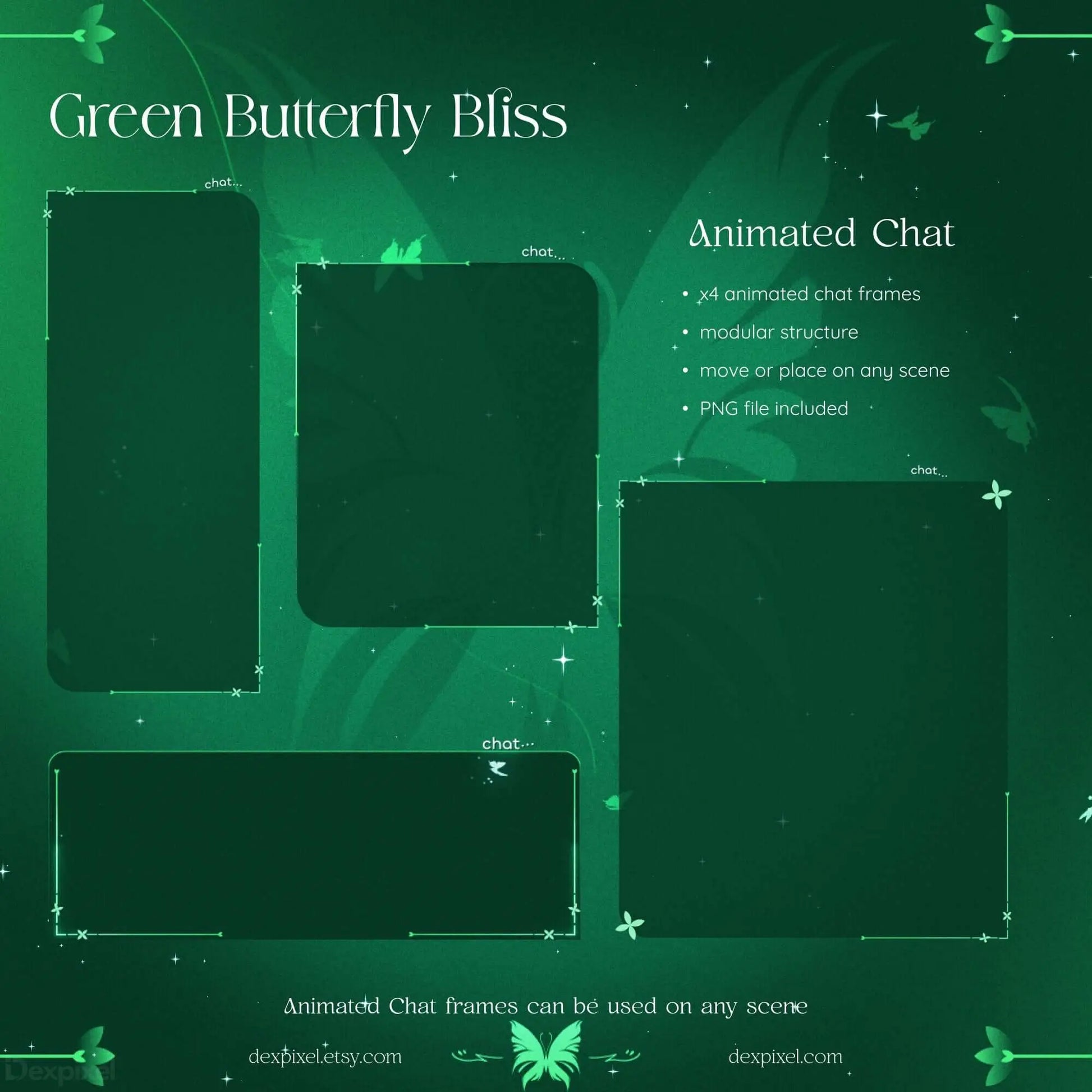 Green Butterfly Bliss Animated Chat frames for streaming, featuring modular design and pastel butterfly accents.