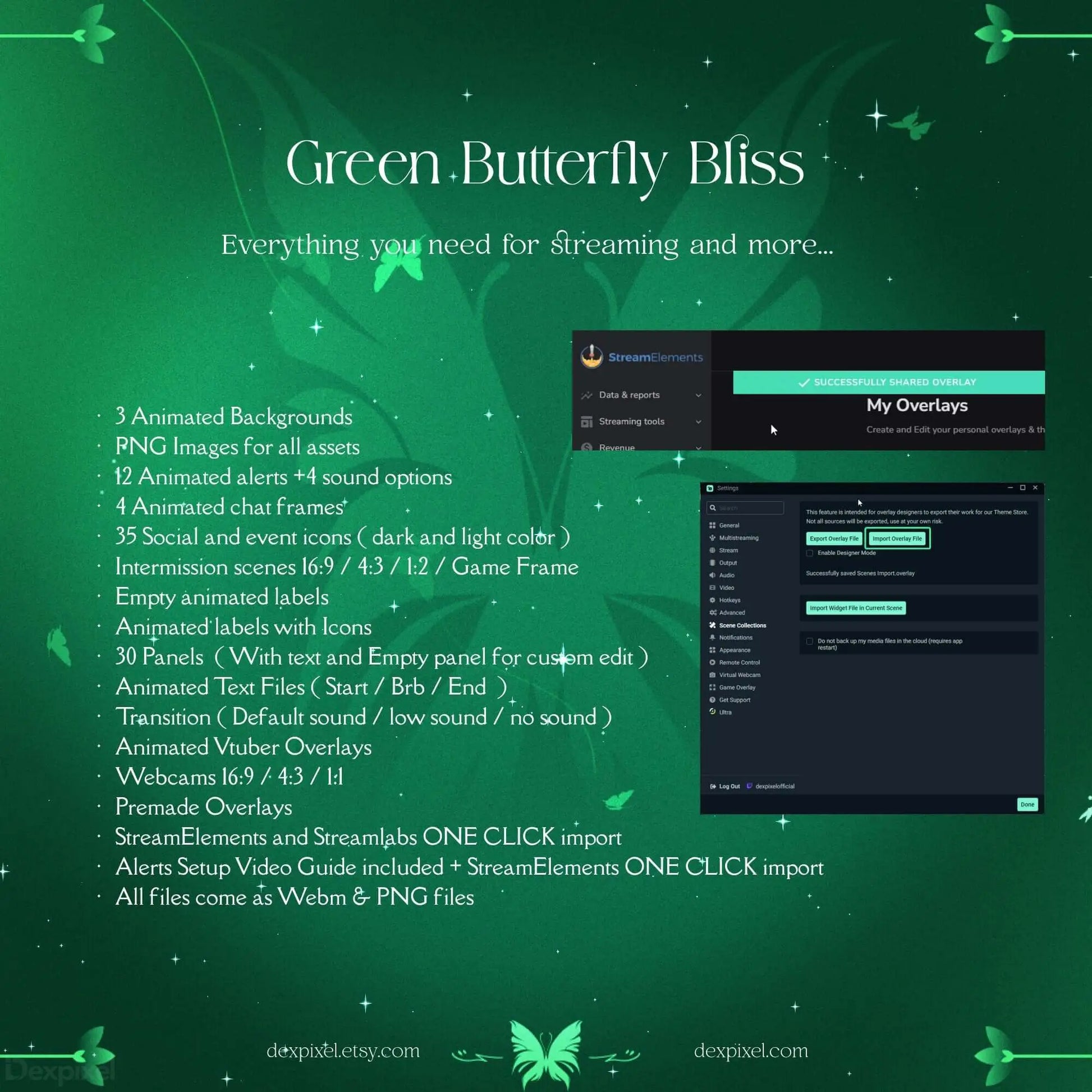 Green Butterfly Bliss streaming asset pack details with animated backgrounds, frames, and overlays for Twitch and YouTube.