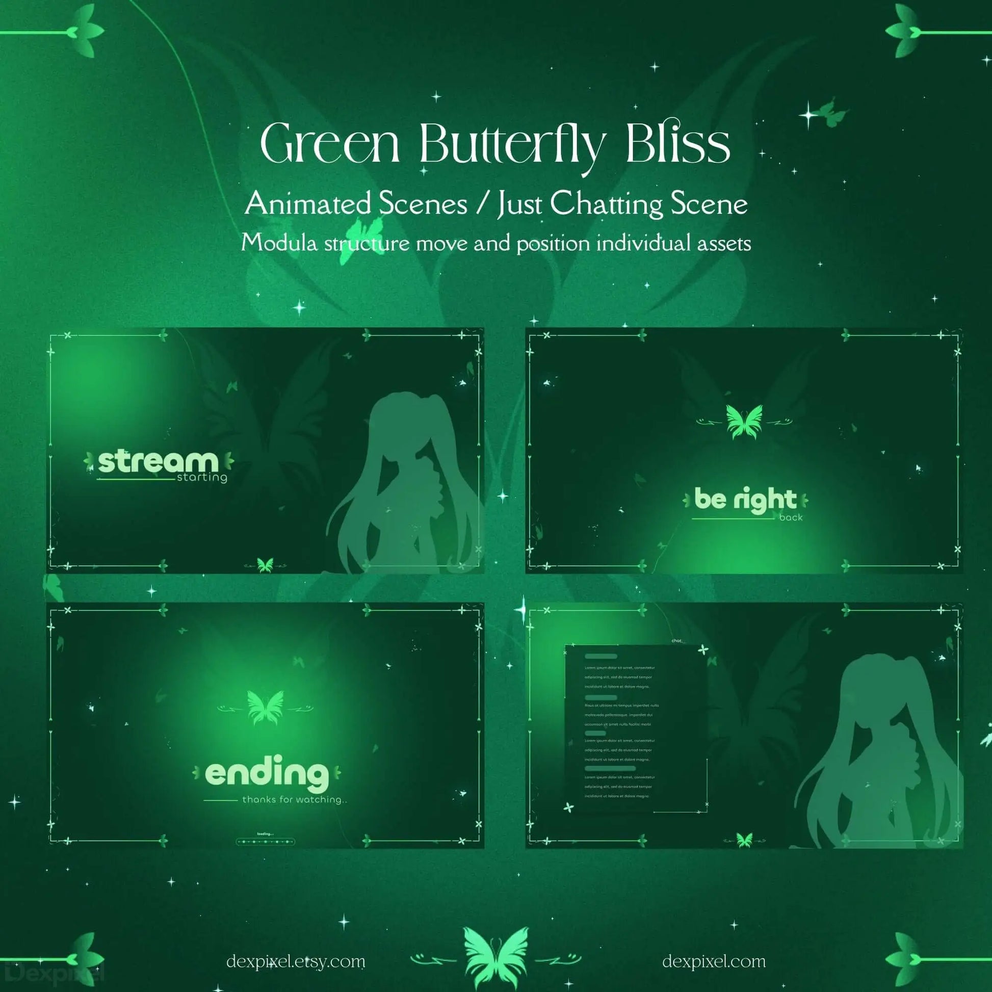 Green Butterfly Bliss stream pack showcasing animated scenes and customizable overlays for Twitch and YouTube streaming.