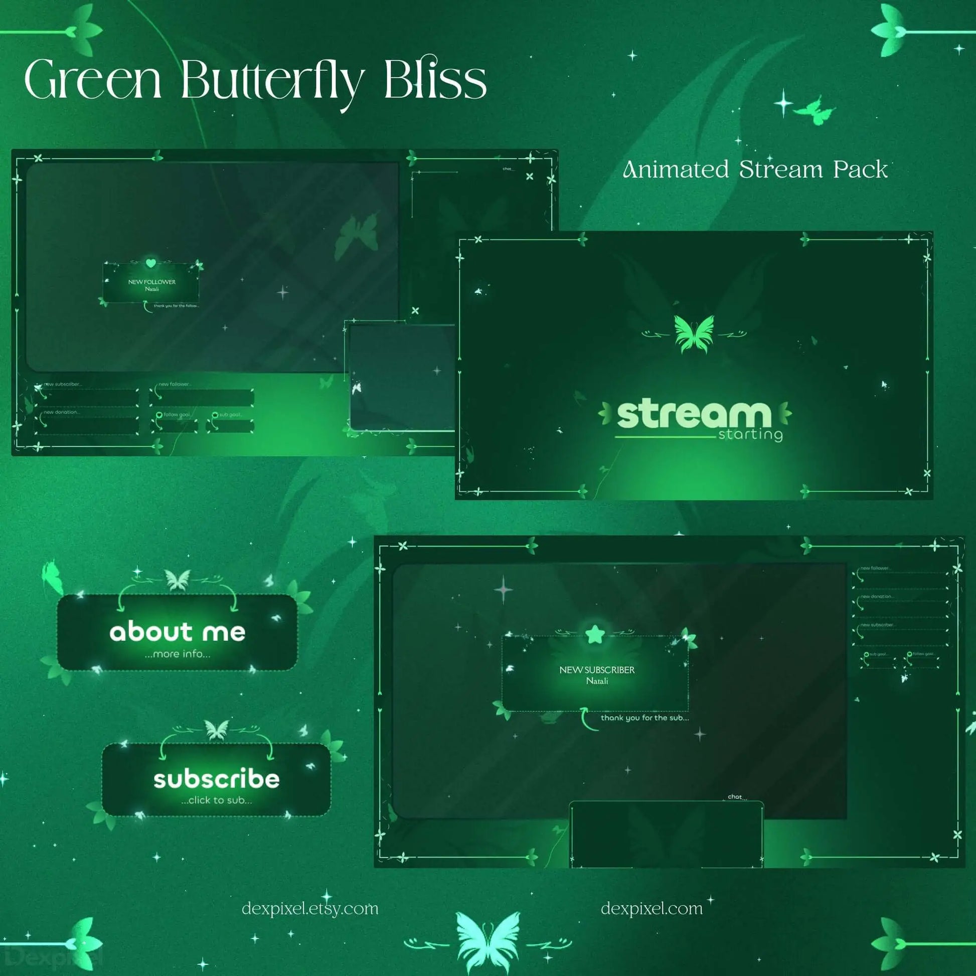 Green Butterfly Bliss Stream Pack featuring animated overlays and buttons for streaming on Twitch and YouTube.