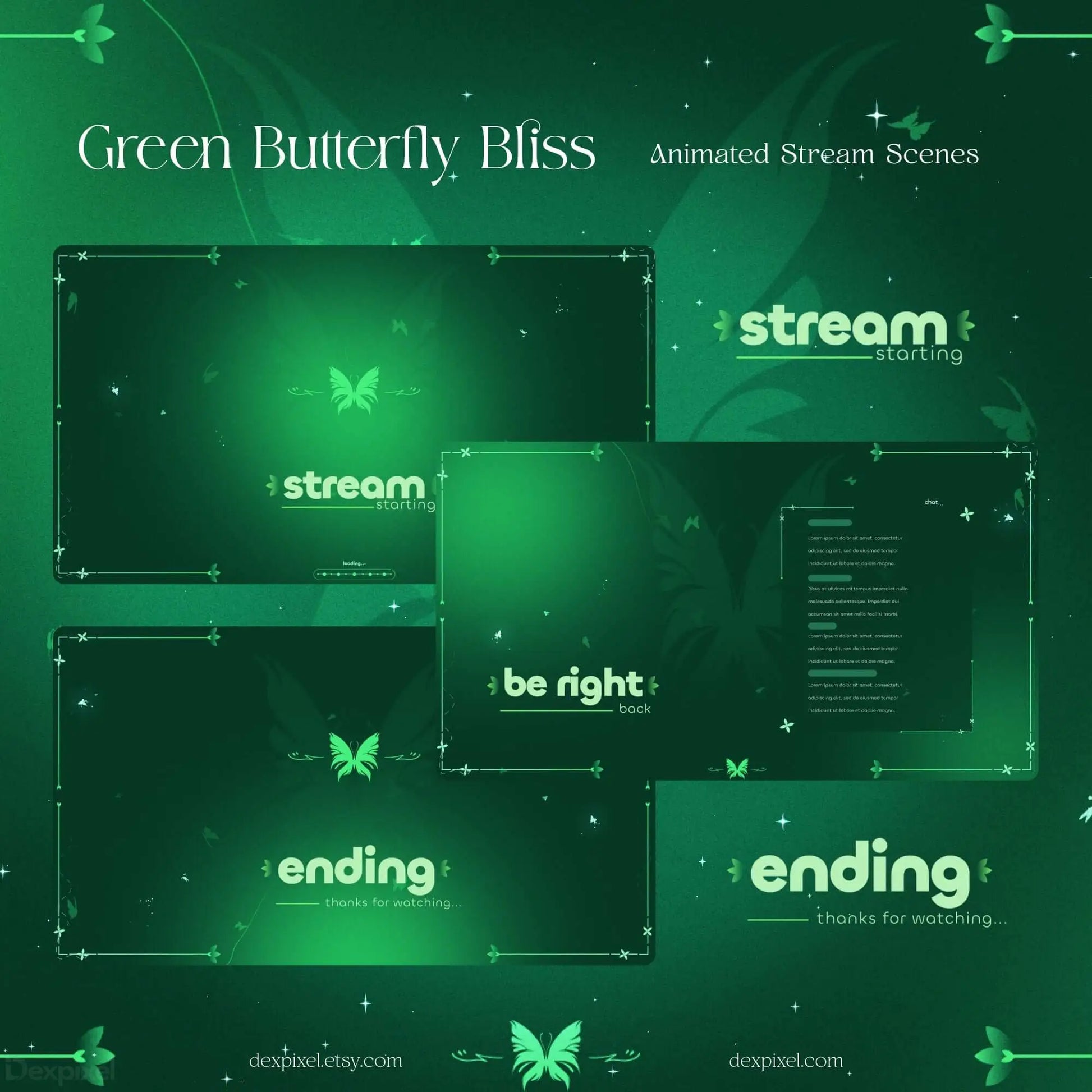 Animated stream scenes featuring pastel green butterfly designs for cozy Twitch or YouTube streams.