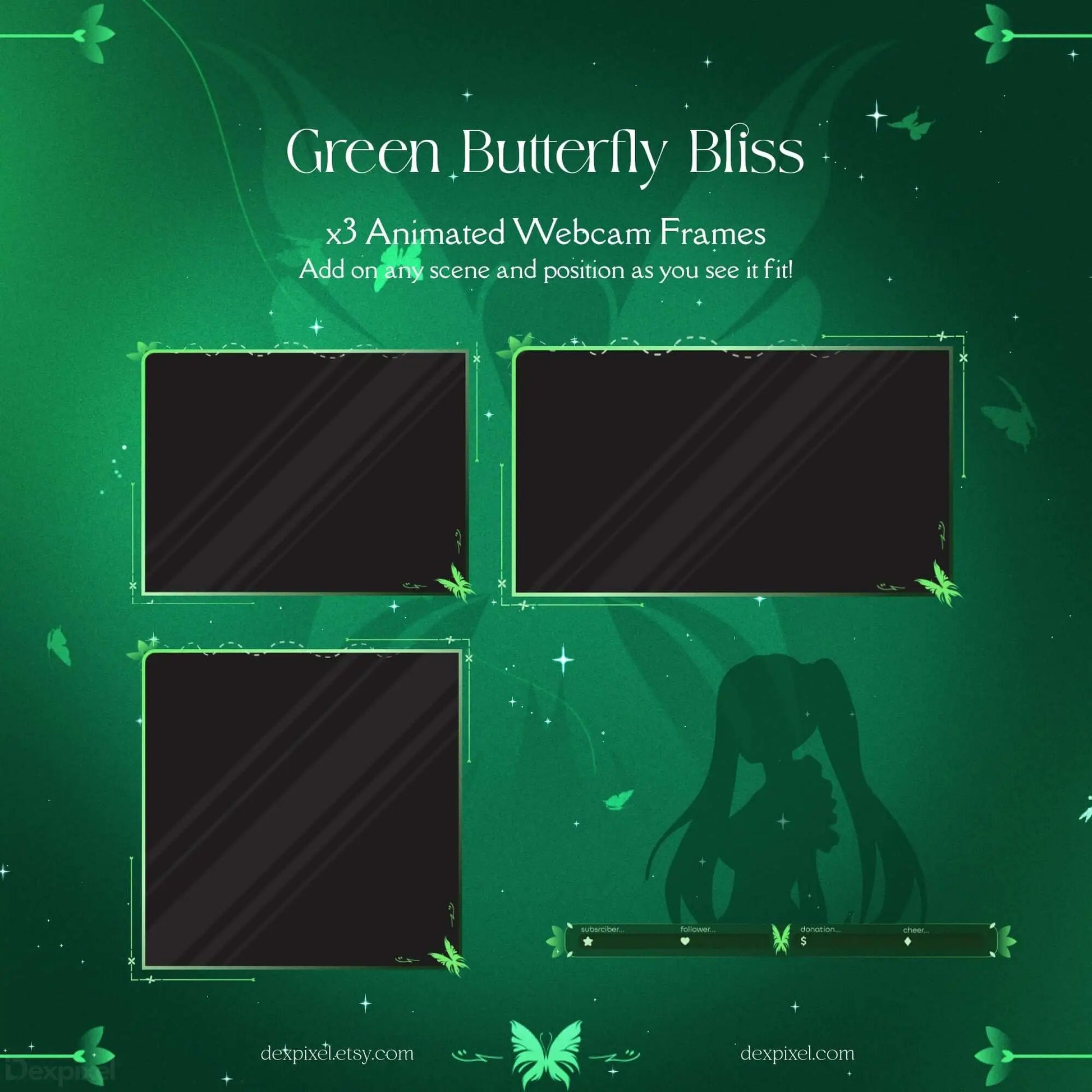 Green Butterfly Bliss Streaming Pack features three animated webcam frames with pastel butterfly designs.