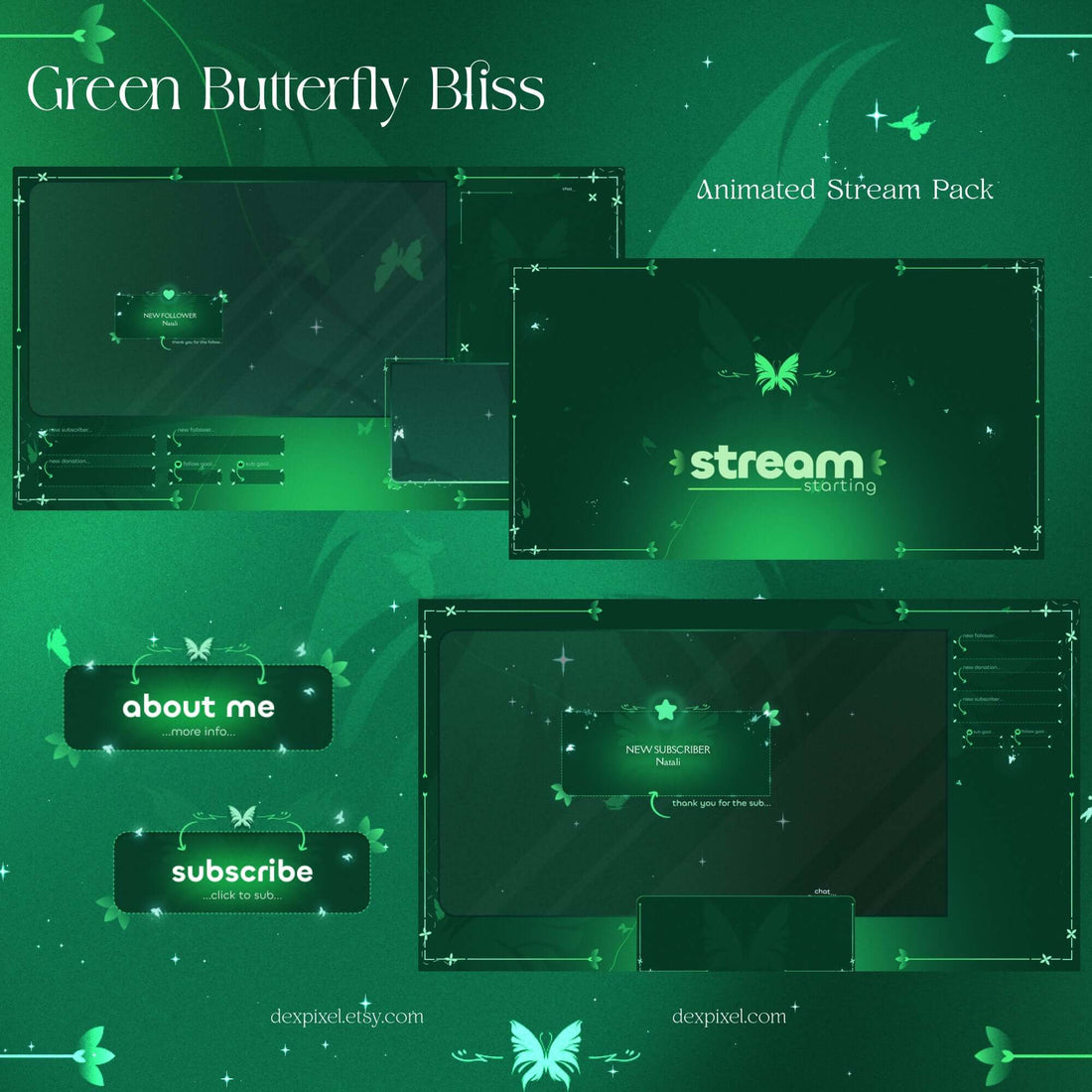 Green Butterfly Bliss Stream Pack featuring animated overlays and buttons for streaming on Twitch and YouTube.