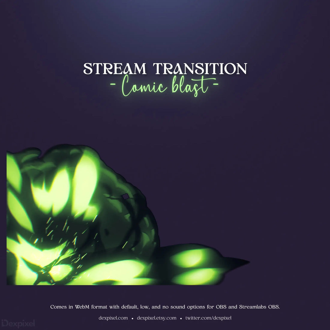 Stream transition overlay with glowing green abstract bokeh effects.