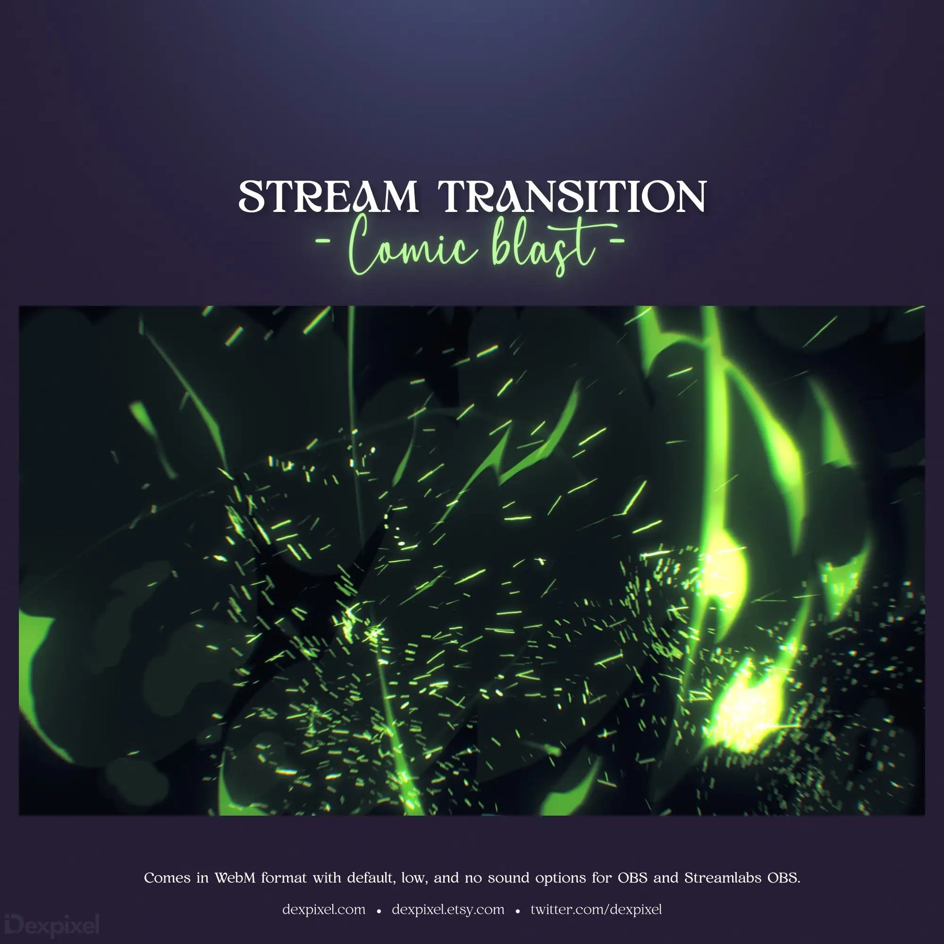 Stream transition overlay with glowing green particle effects and text.