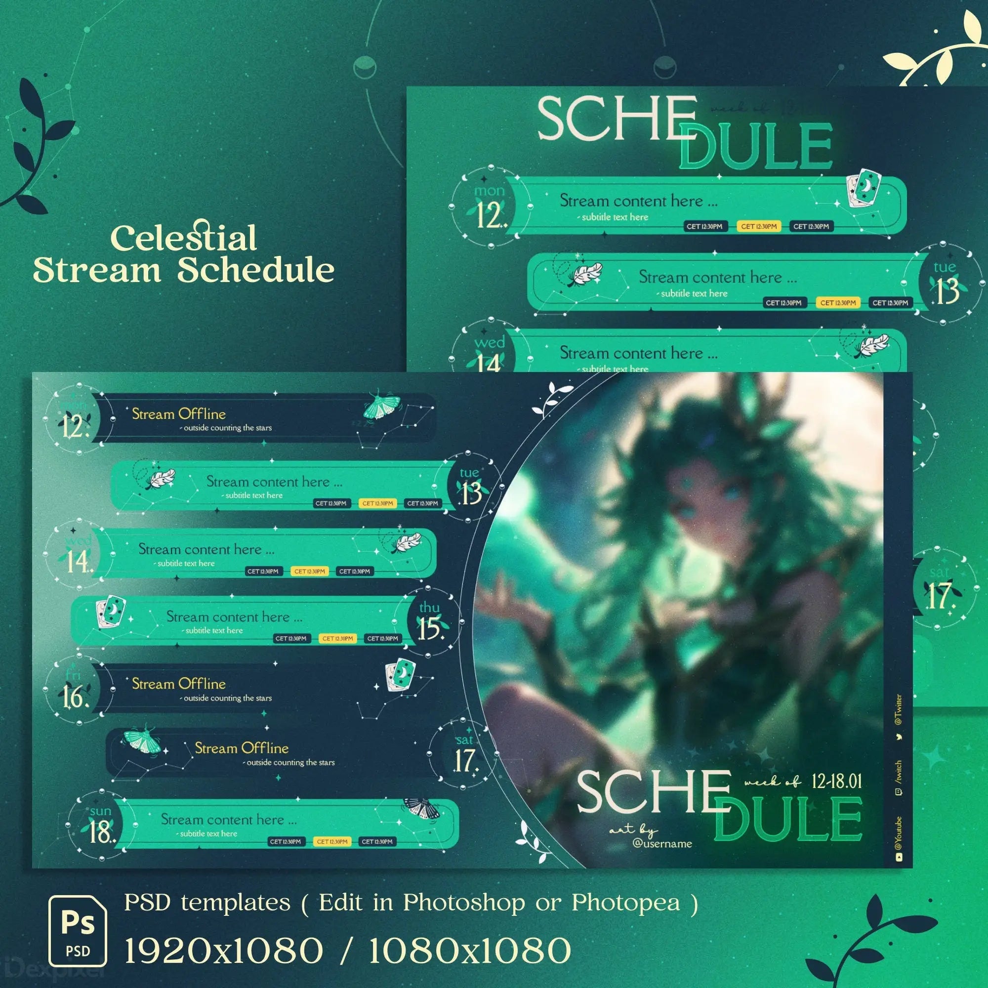 green-celestial-stars-stream-schedule-vtuber-twitch-template-dexpixel