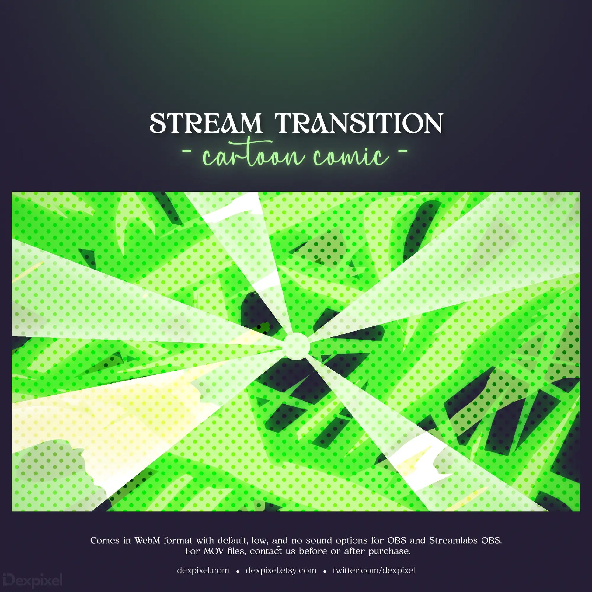 Stream transition screen with bright green geometric patterns and white text.