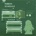 Green-tinted streaming schedule template with ribbon and silhouette decorative elements.