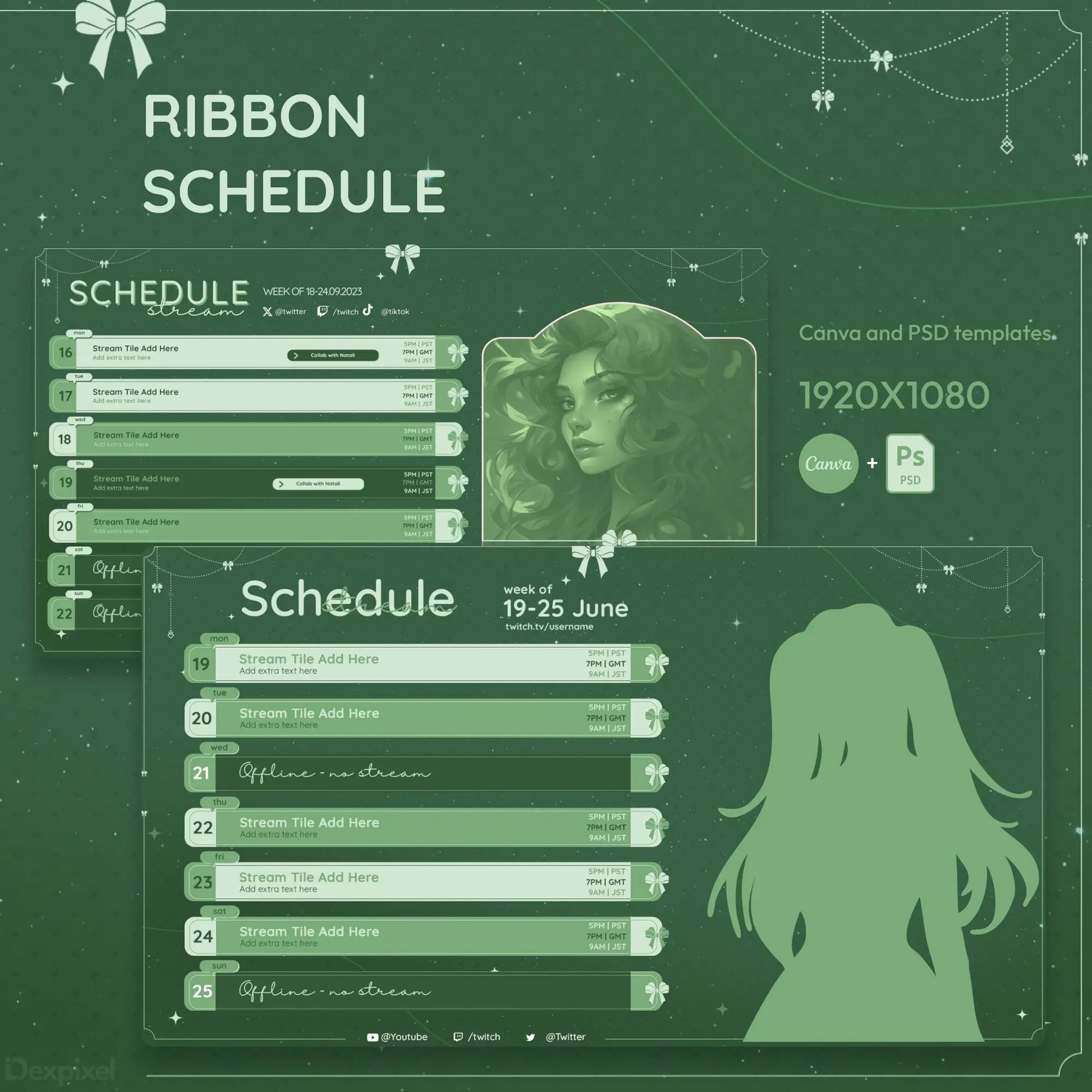 Green-tinted streaming schedule template with ribbon and silhouette decorative elements.