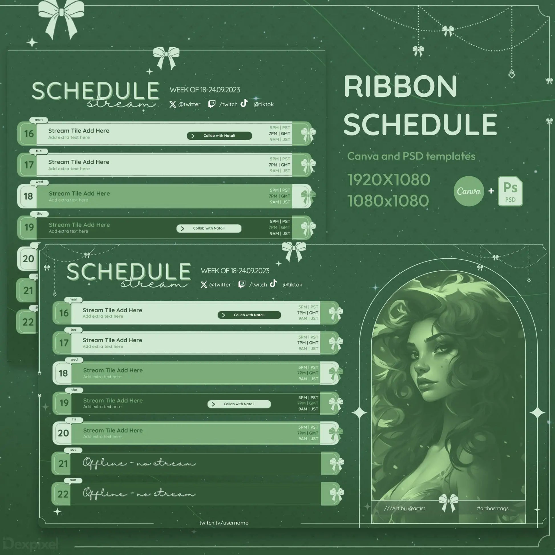 Green-tinted streaming schedule template with decorative ribbon and bow elements.