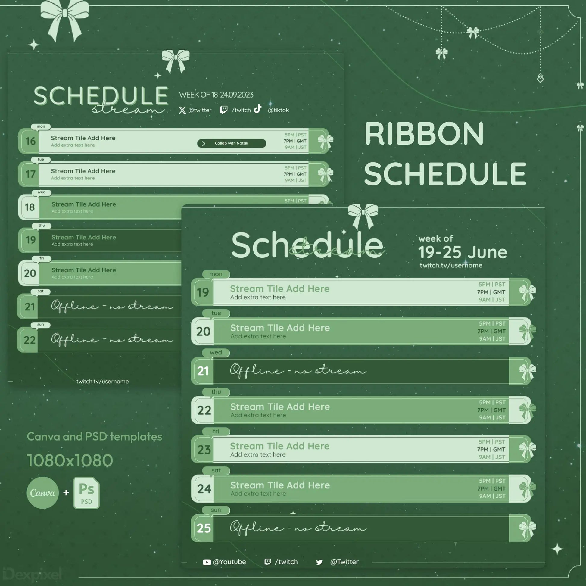 Green-tinted weekly schedule template decorated with ribbon bow designs.