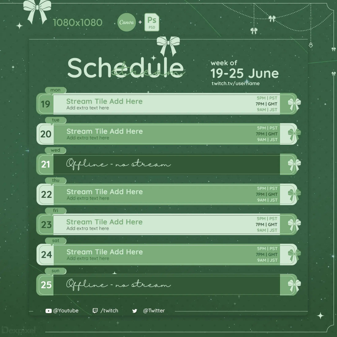 Green-tinted streaming schedule template with decorative ribbon and bow elements.