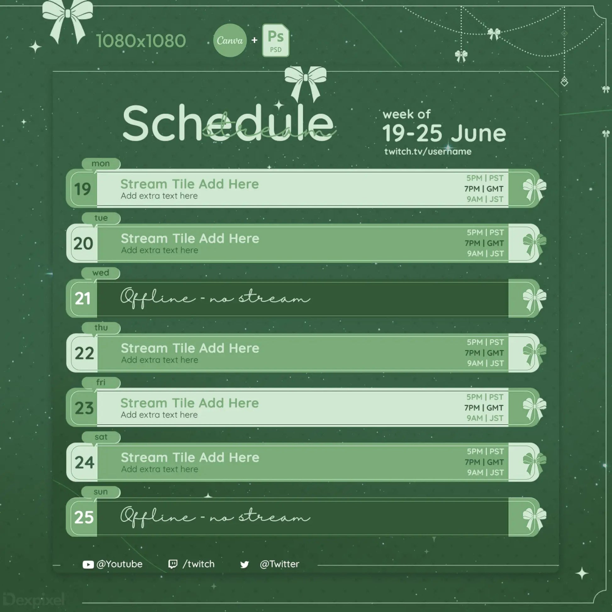 Weekly streaming schedule template with dates from June 19-25 in a green color scheme with bow decorations.