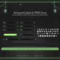 Collection of animated labels and PNG icons featuring decorative borders and symbols in green and white.