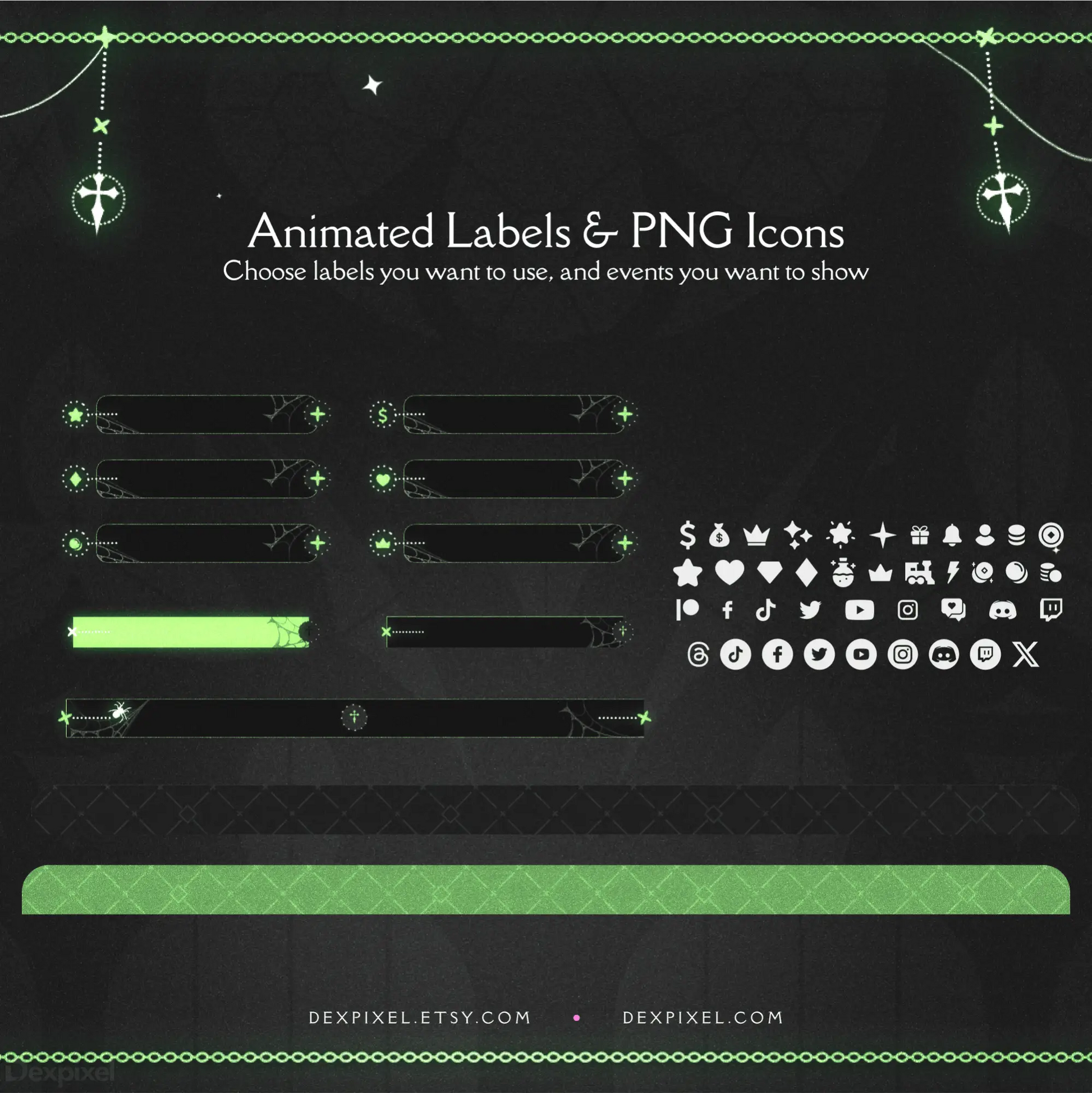 Collection of animated labels and PNG icons featuring decorative borders and symbols in green and white.