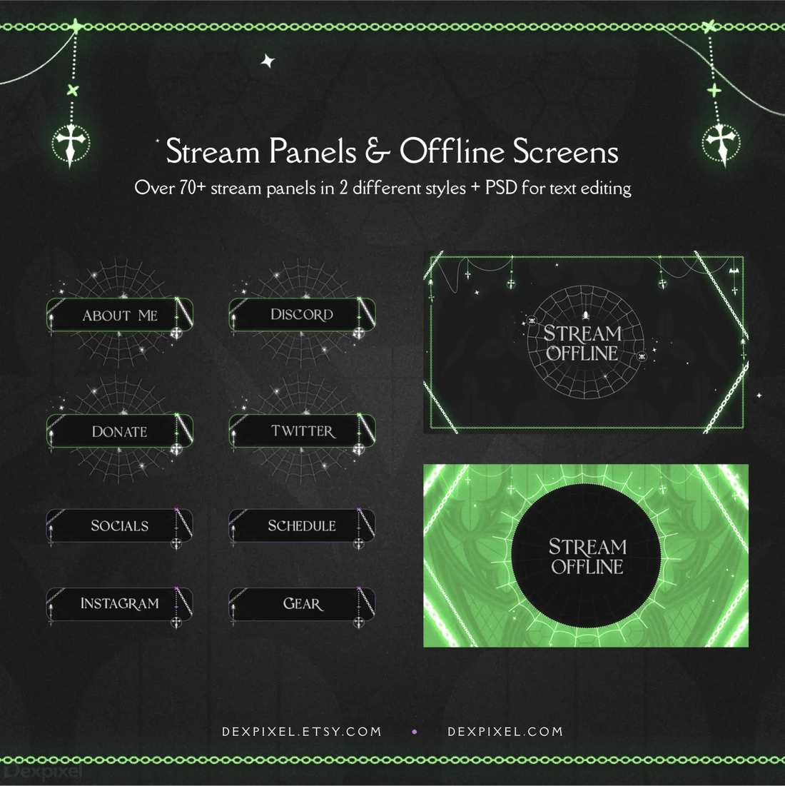 Dark goth-themed streaming overlay pack with green and black color scheme and occult symbols.