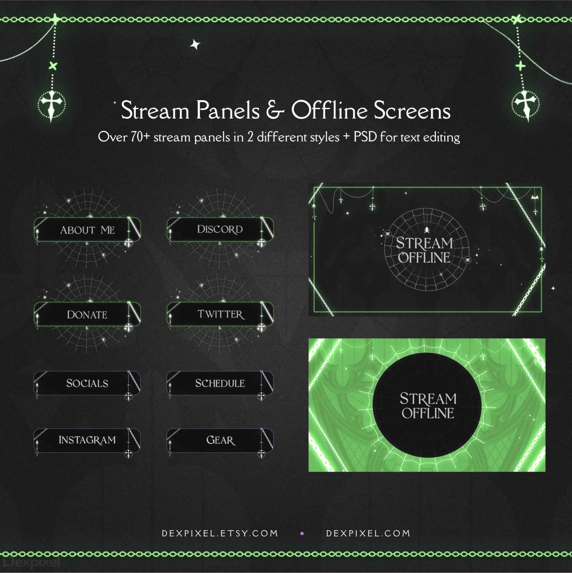 Collection of stream panels and offline screens with a dark, mystical design theme featuring anchor decorative elements.