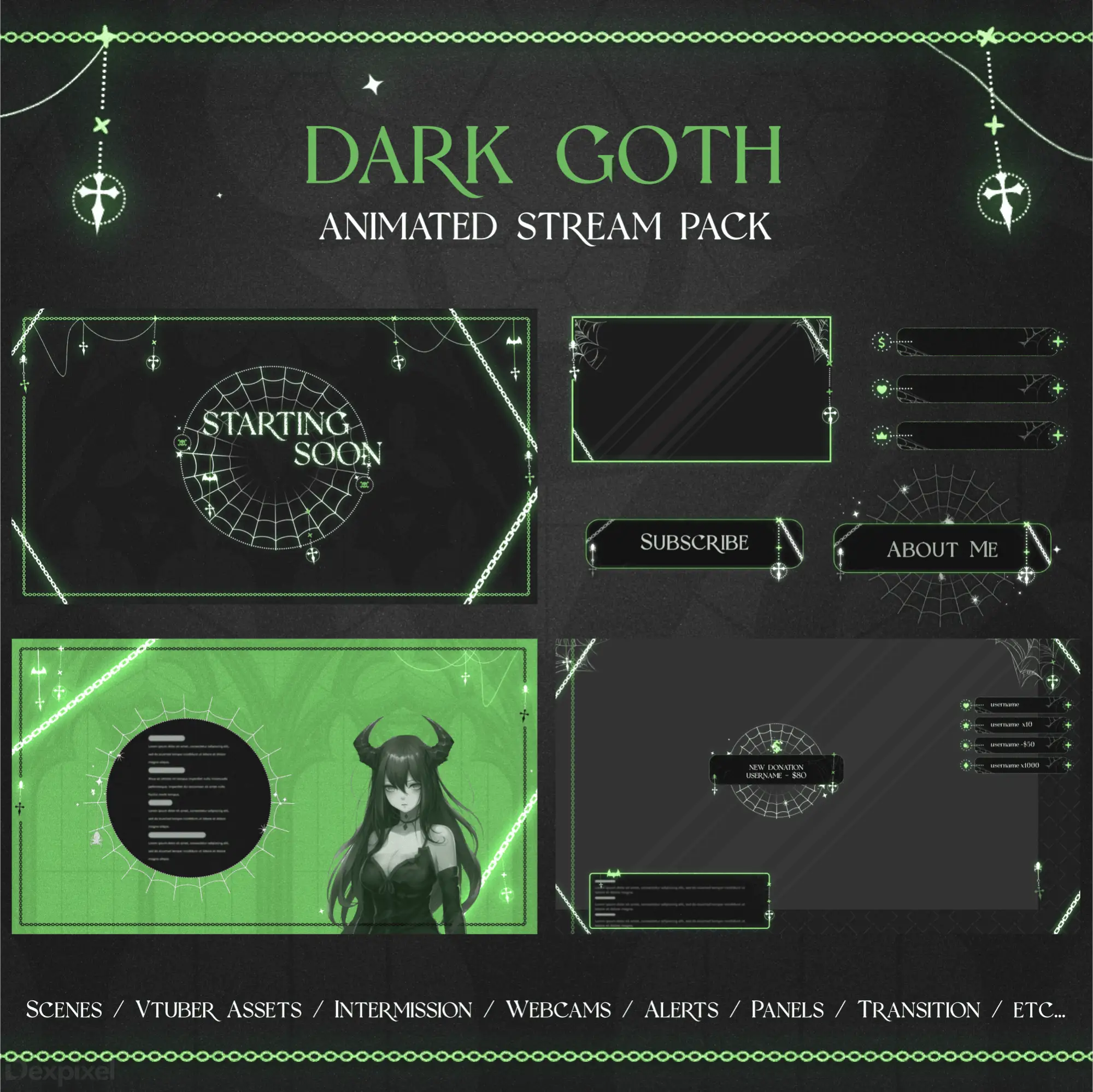 Dark goth-themed streaming overlay pack with green and black color scheme and occult symbols.