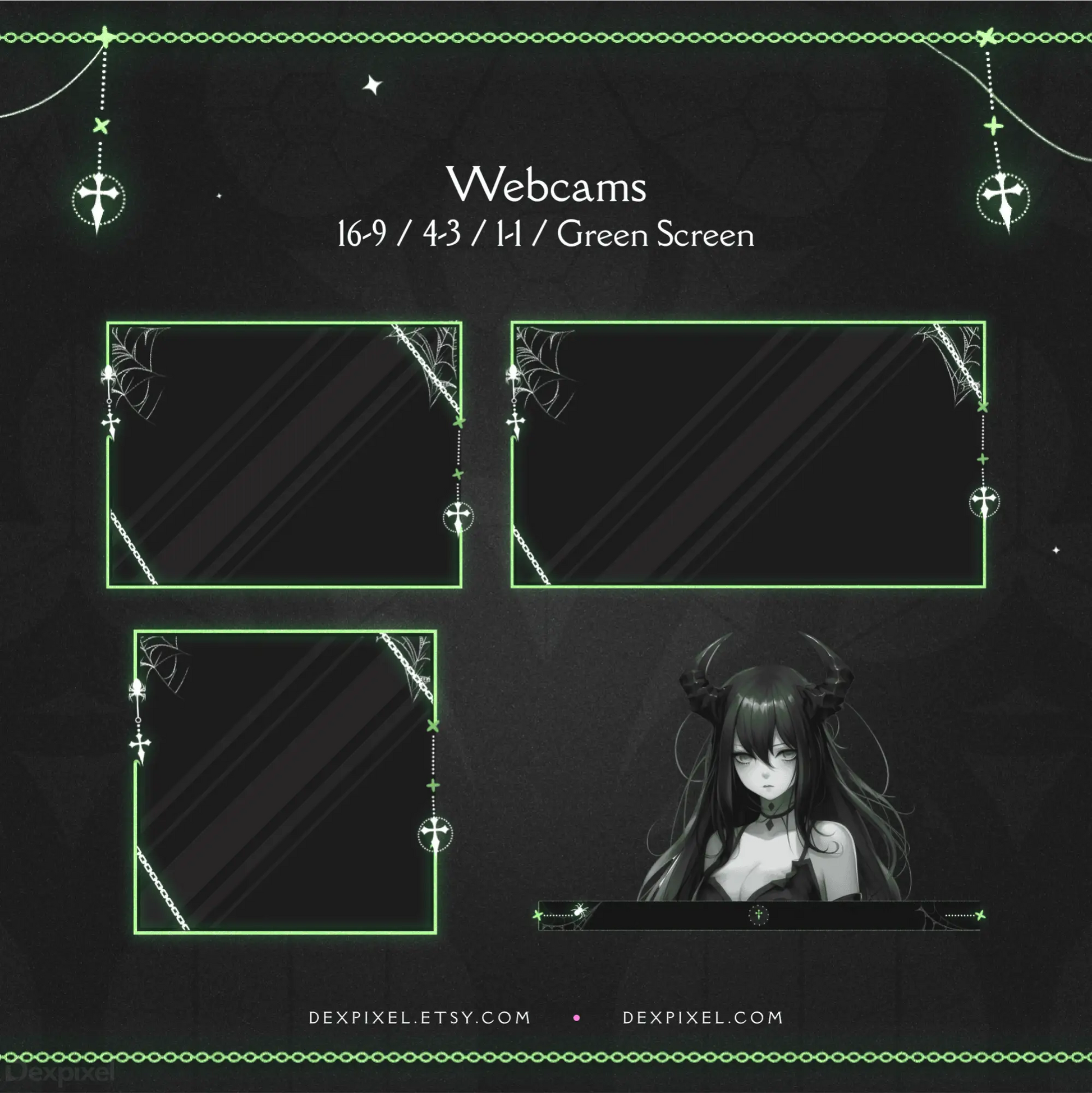 Gothic-themed webcam overlay frames with decorative crosses and chains in neon green outlines.