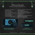 Marketing graphic showing contents and features of a streaming overlay pack with dark UI elements and green accents.