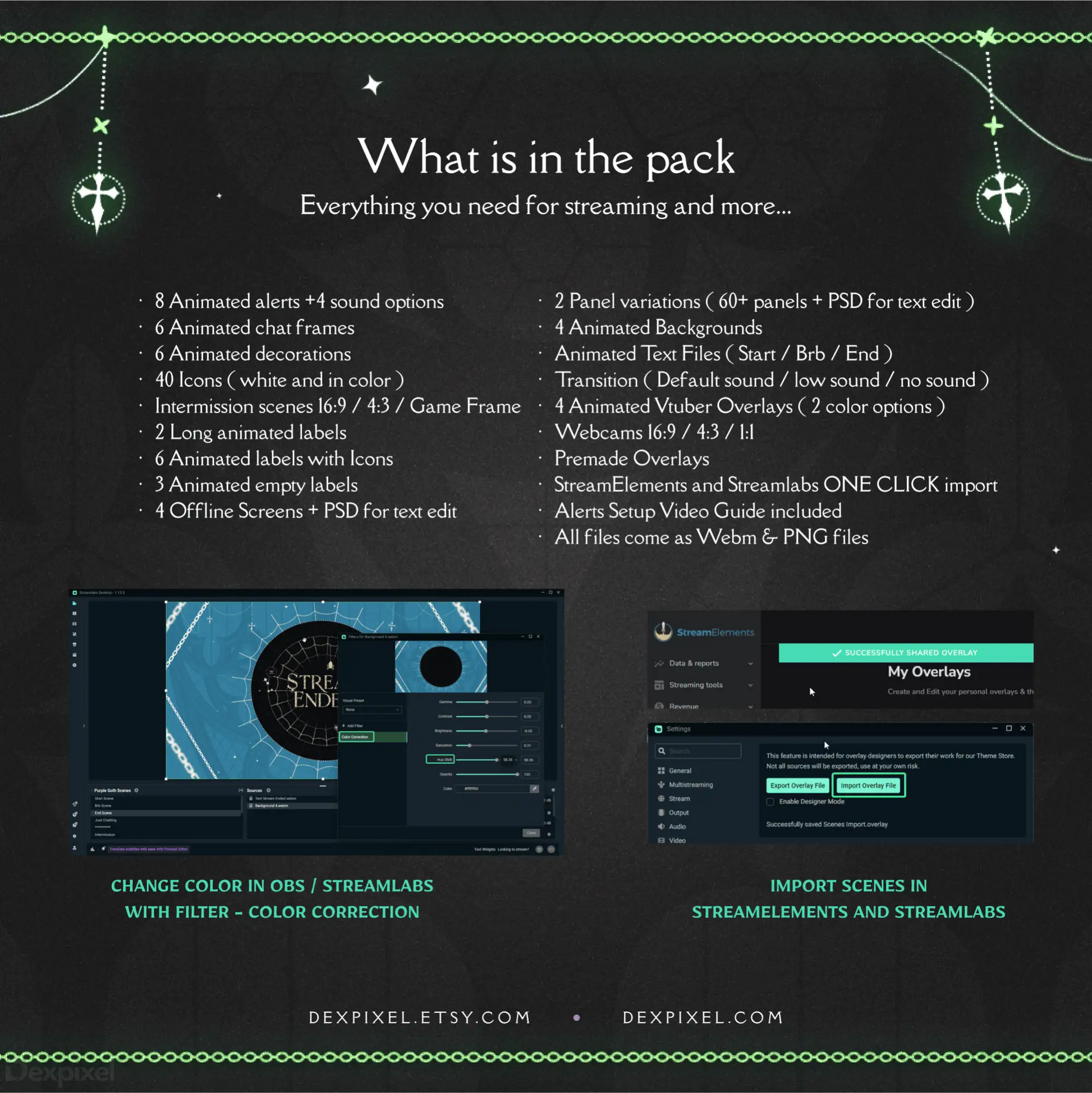 Marketing graphic showing contents and features of a streaming overlay pack with dark UI elements and green accents.