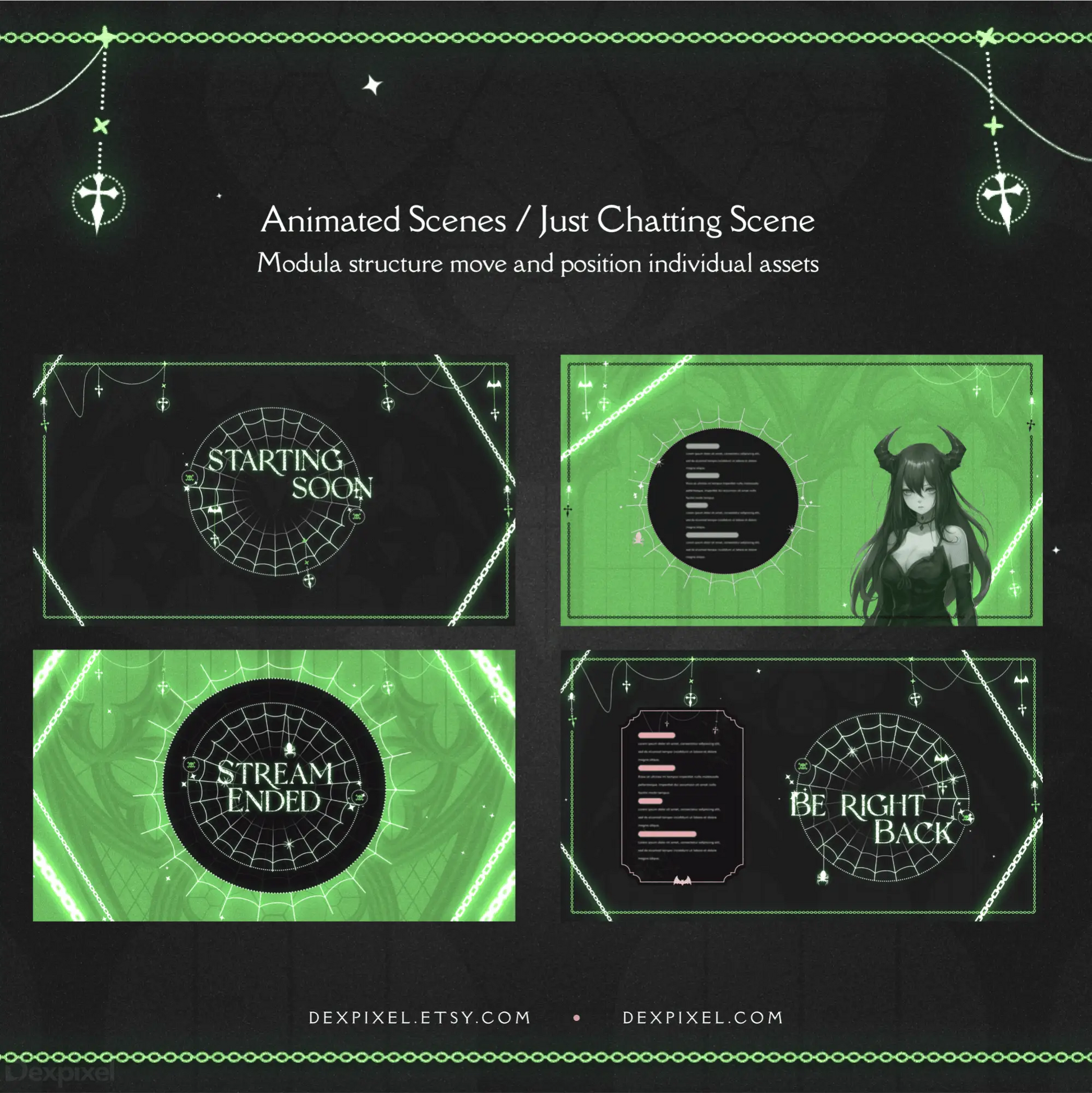 Stream overlay scenes with a gothic/mystical green theme and decorative borders.