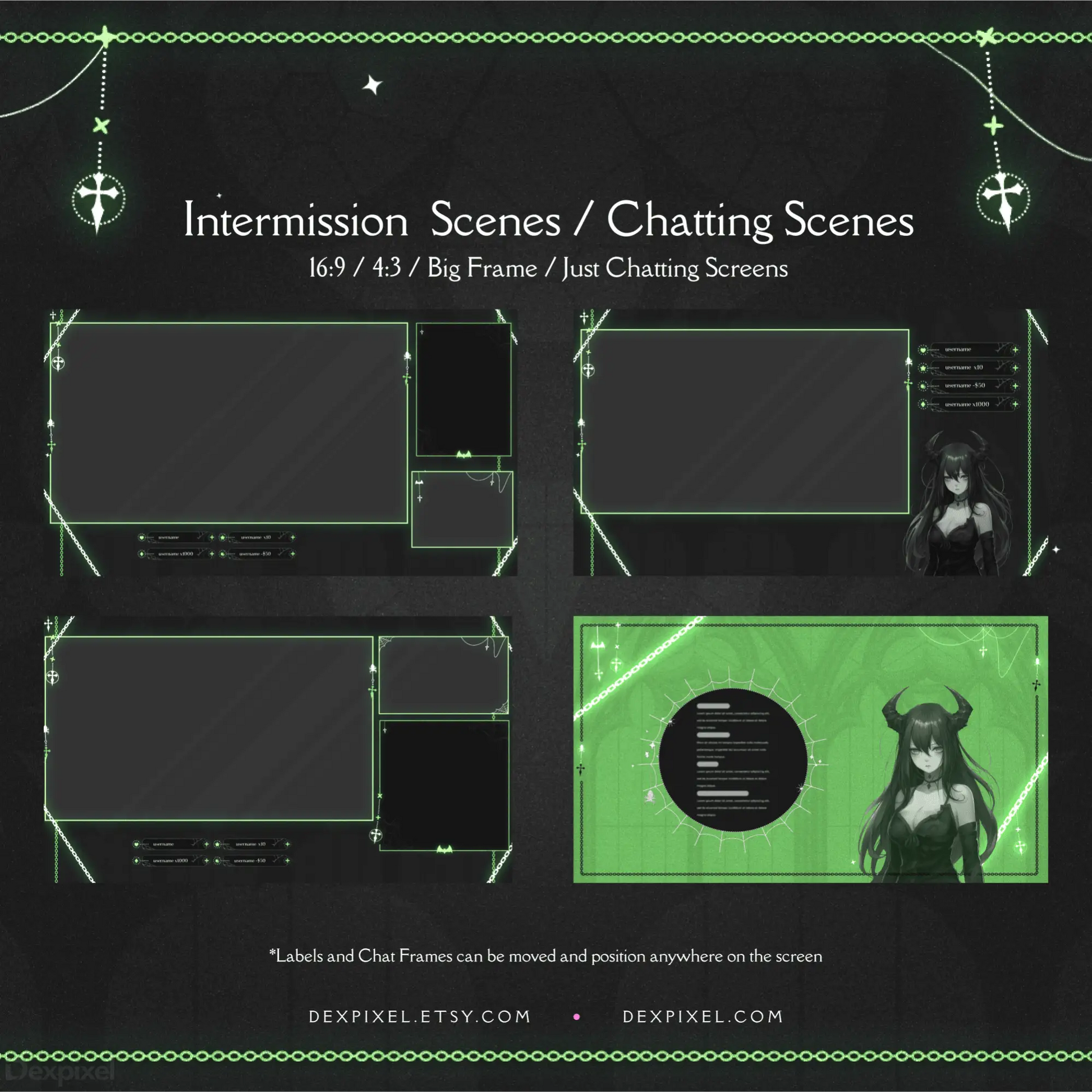 Stream overlay template featuring intermission and chatting scenes with a gothic/fantasy aesthetic.