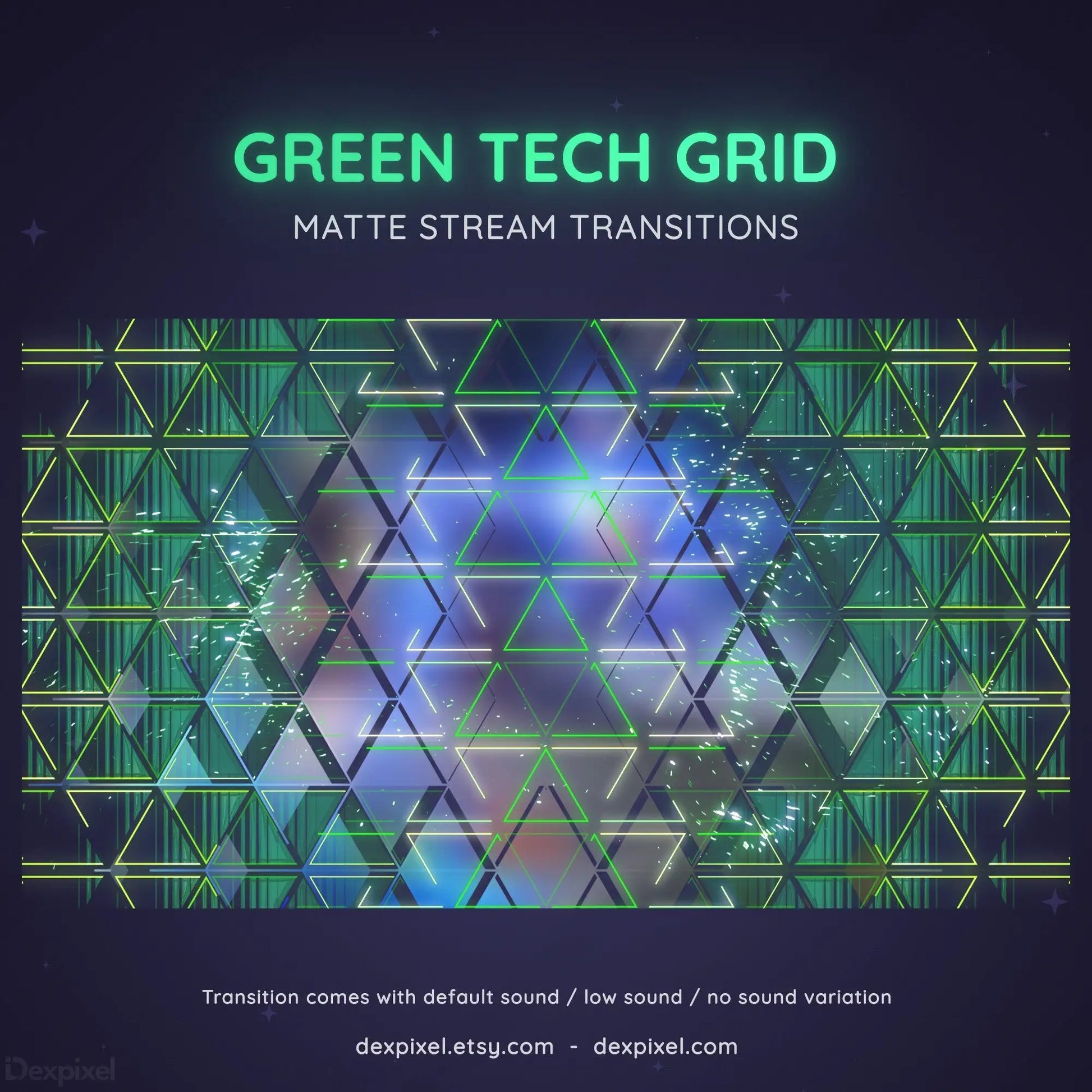 Glowing green geometric grid pattern with triangular shapes and tech-style visual effects.