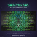 Glowing green geometric grid pattern with intersecting lines and triangular shapes.