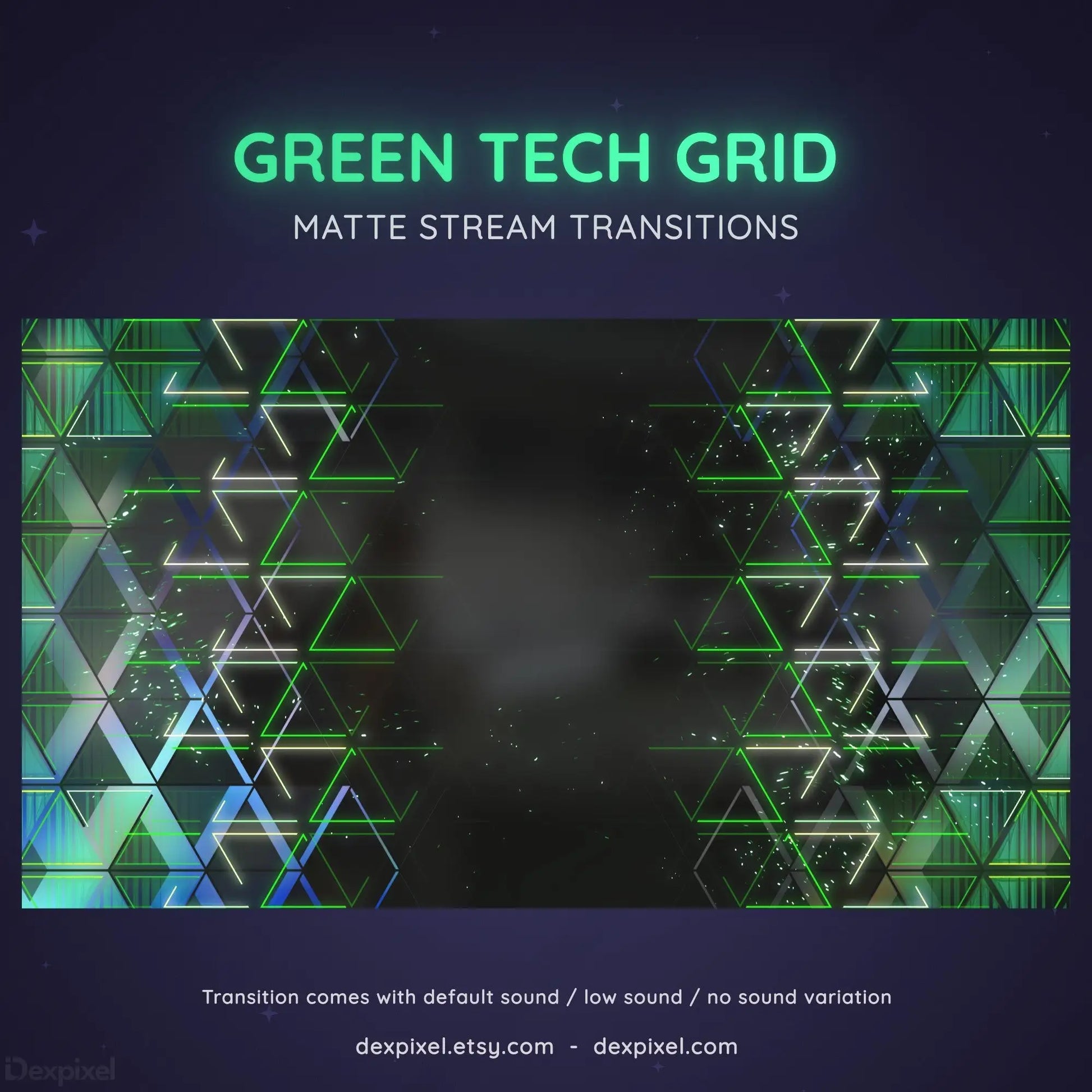 Geometric green tech grid pattern with triangular elements and glowing effects.