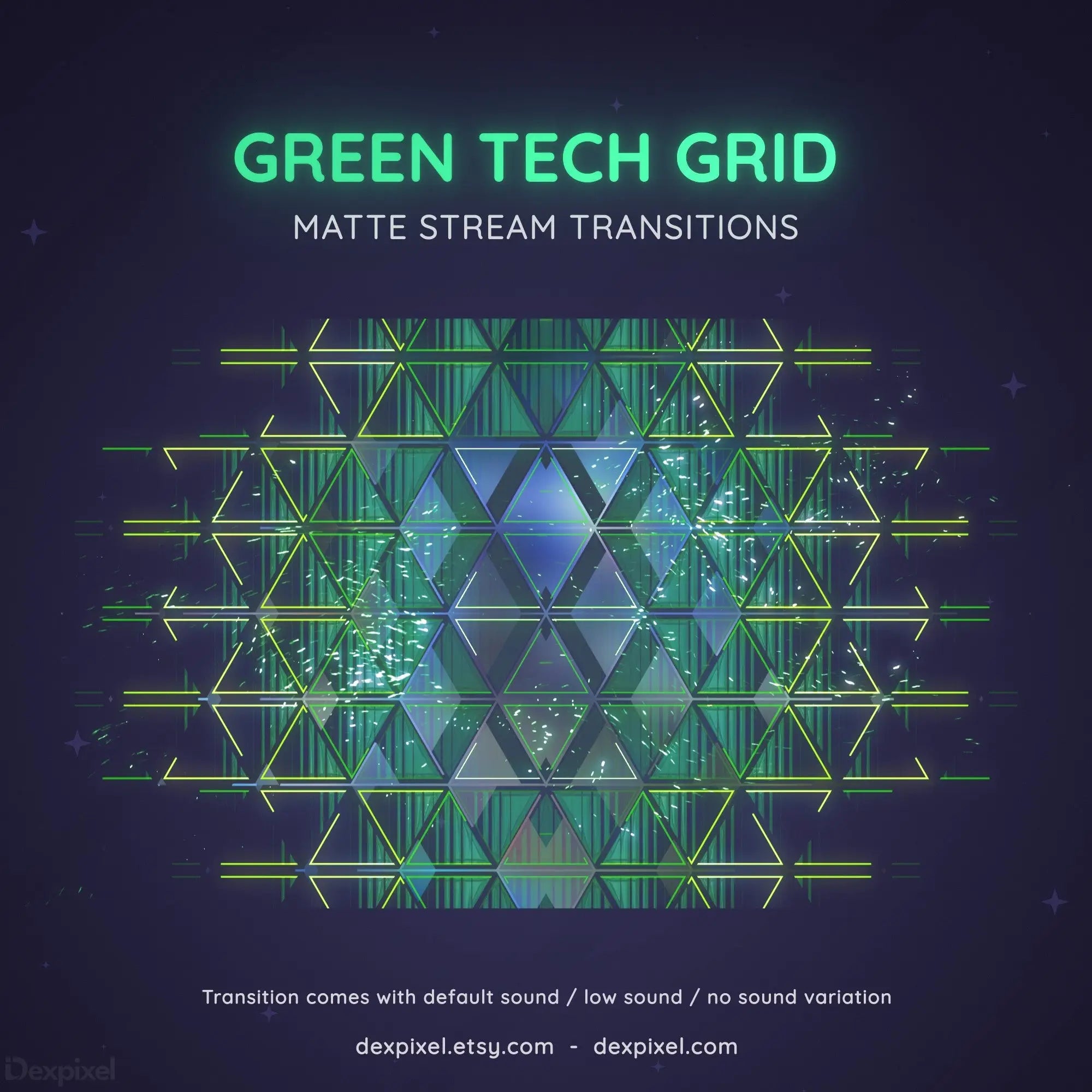 Geometric grid pattern in glowing neon green with triangular elements and tech-style design elements.