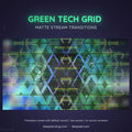 Geometric grid pattern with glowing green and blue triangular shapes and lines.