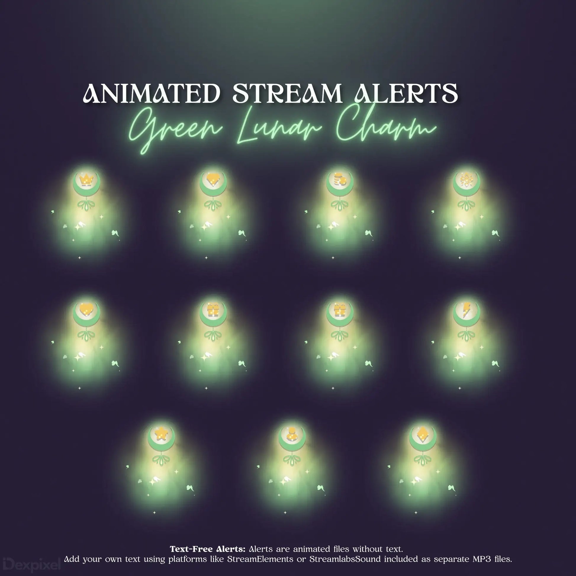 Glowing green ghost-like stream alert animations arranged in rows.