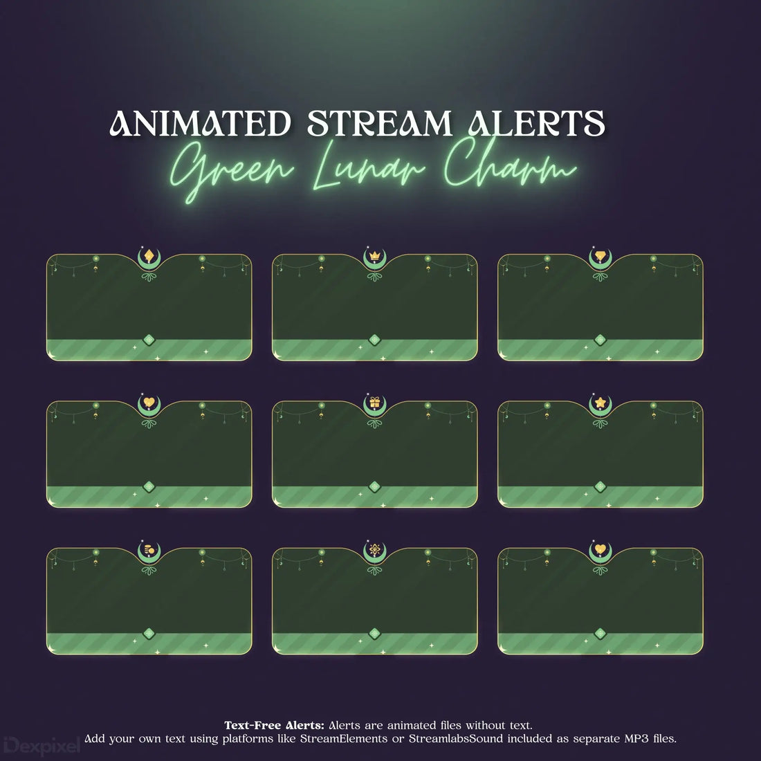 Twitch stream alert notifications with a green lunar charm theme and glowing effects.