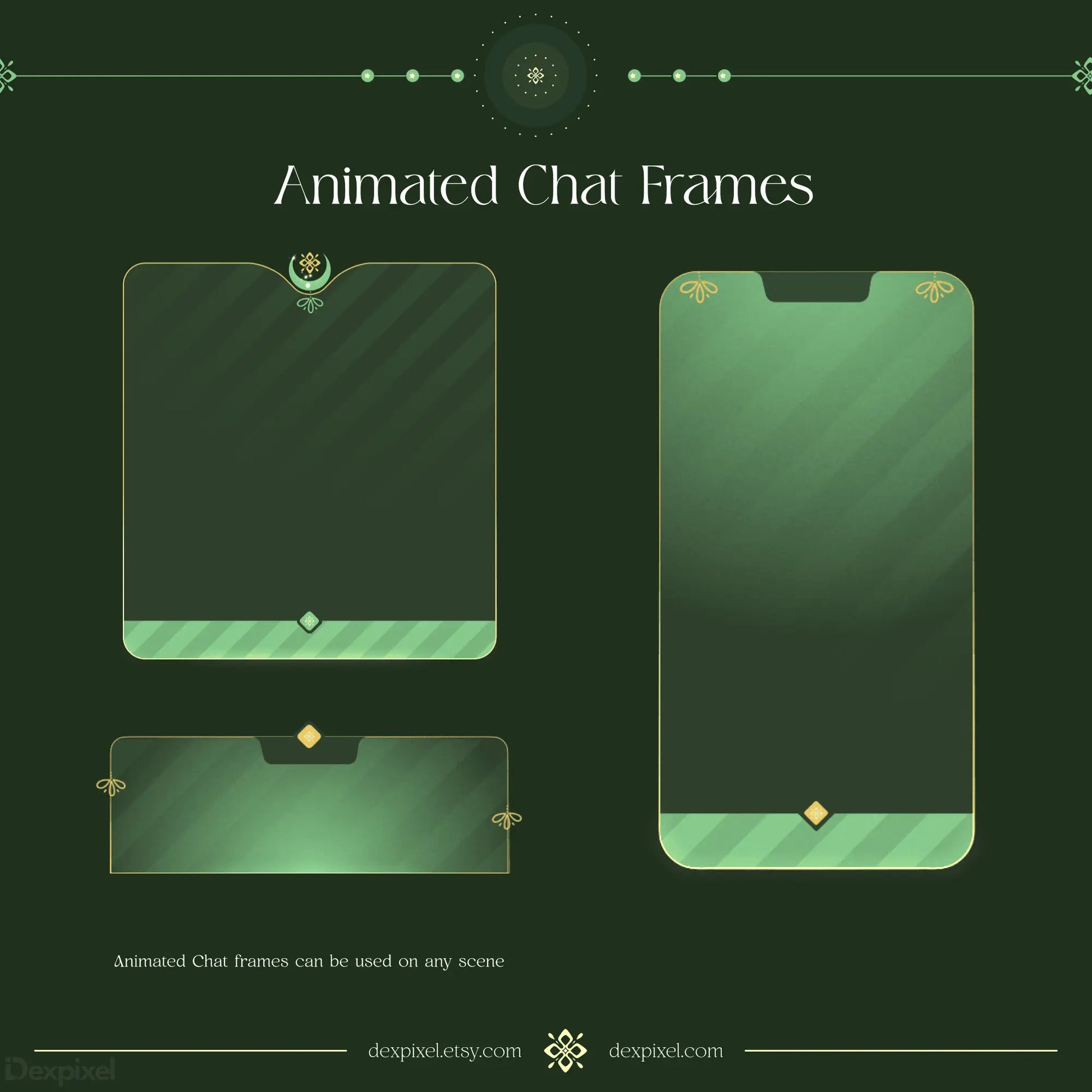 Decorative green chat frame templates with elegant golden accents and borders.