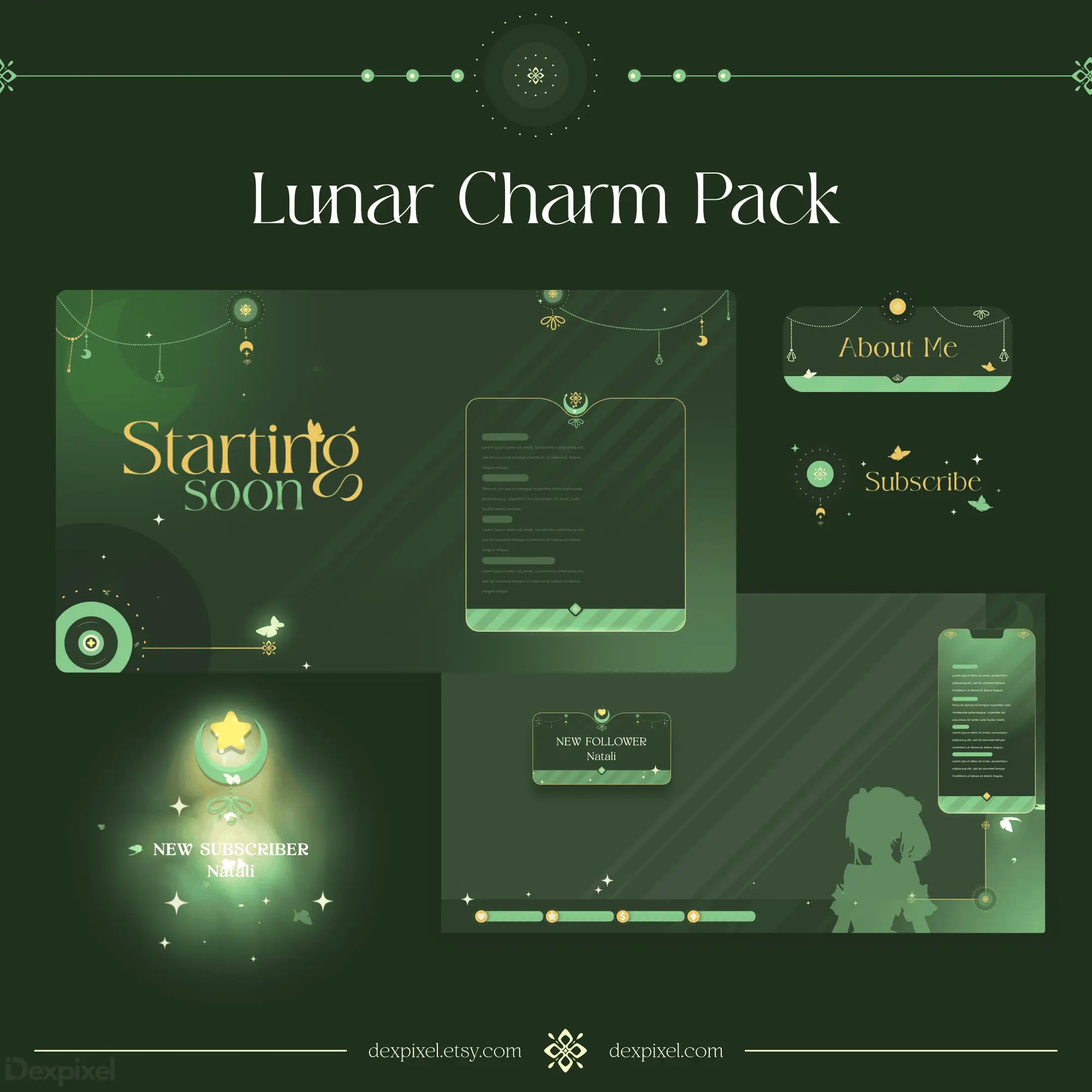 Lunar-themed design elements pack with mystical green UI components and sparkly star accents.