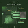 Stream overlay layout with a mystical green forest theme and schedule panel.