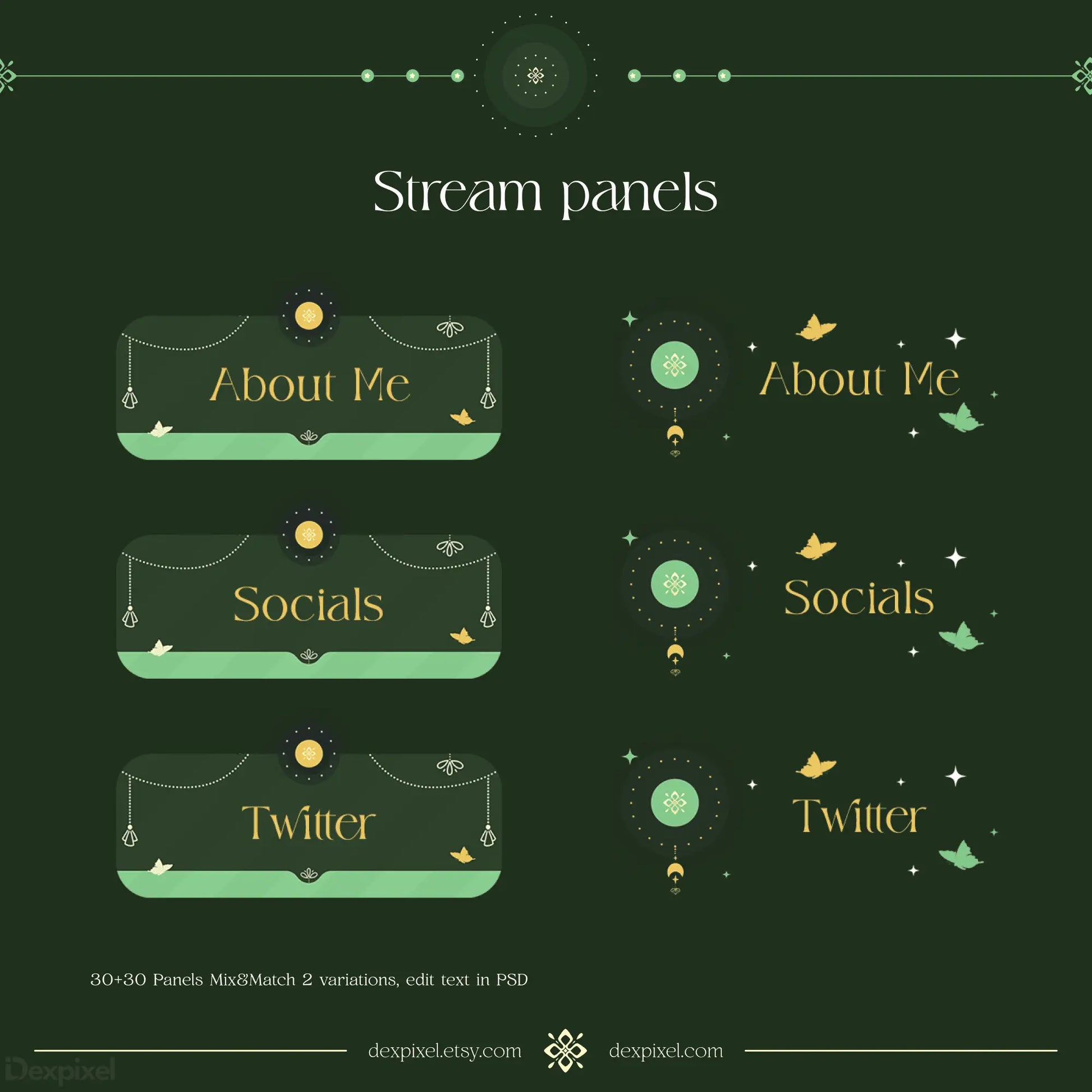 Stream panel designs featuring ’About Me,’ ’Socials,’ and ’Twitter’ buttons in a mystical green and gold style.