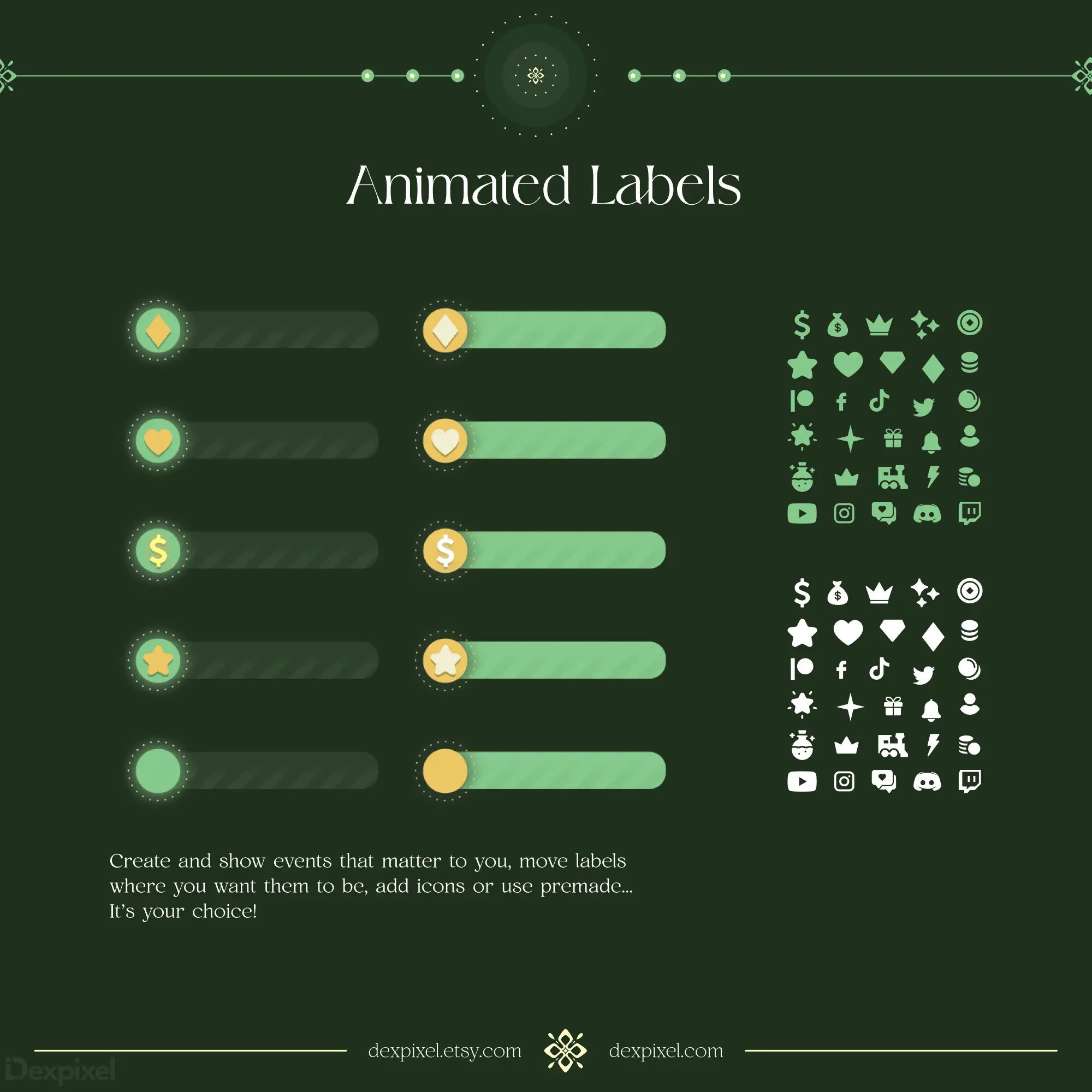 Animated progress bars with glowing dots and accompanying icon sets in green and gold colors.