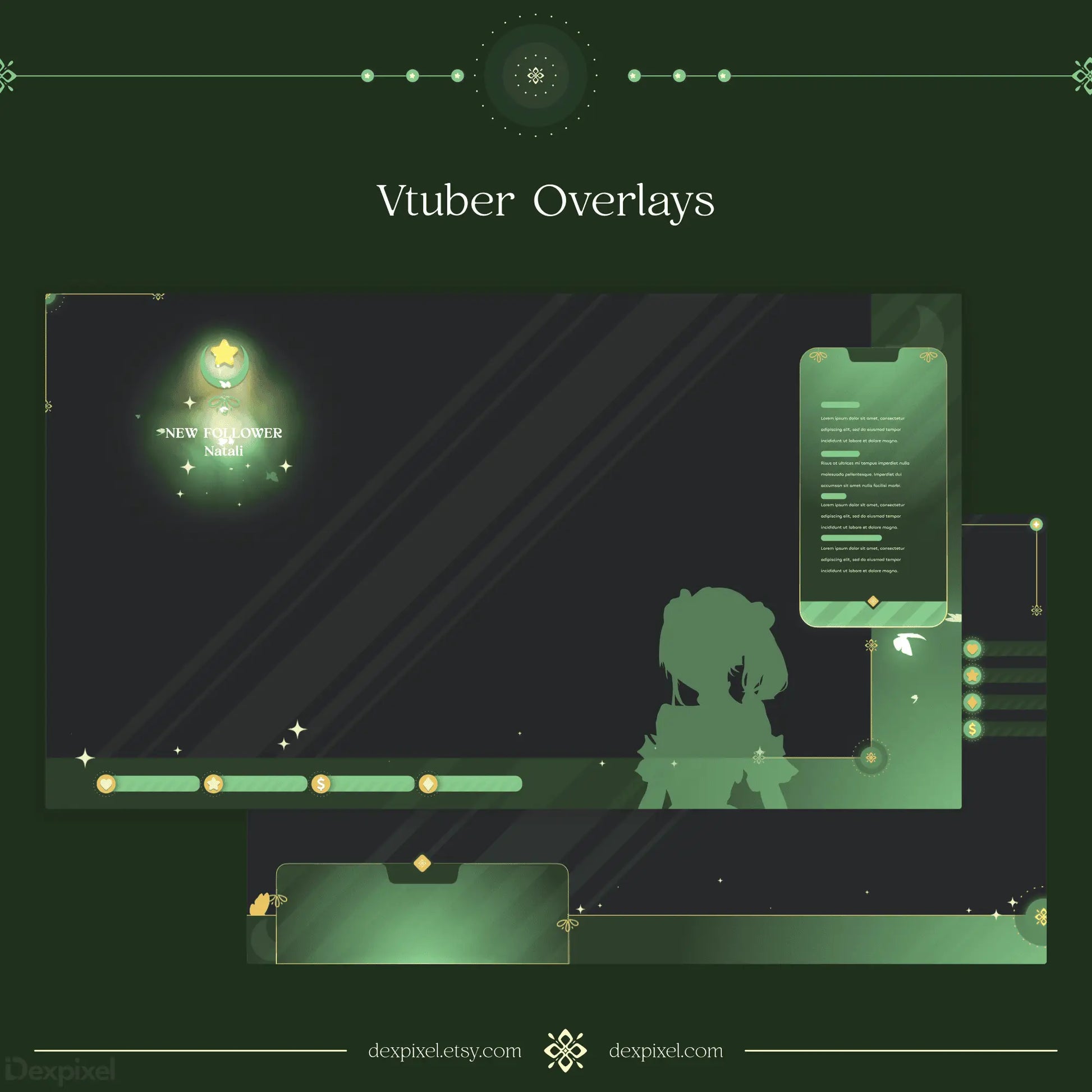 Vtuber streaming overlay template with green glowing elements and silhouette design.