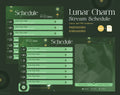 Stream schedule template with a lunar/celestial theme in green and gold colors.