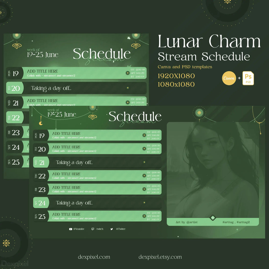 Stream schedule template with a mystical lunar charm theme in green tones.